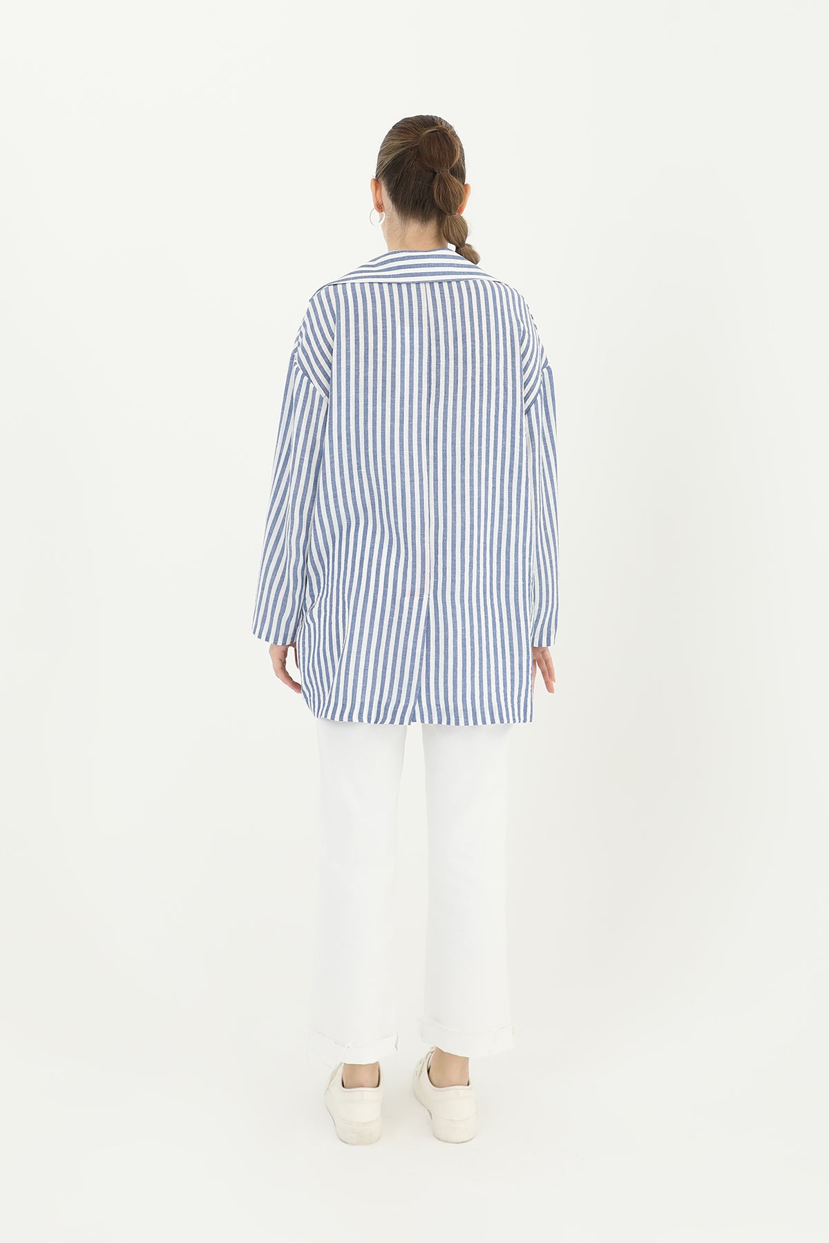 Kadın Çizgili Keten Ceket  - 10433CKT INDIGO