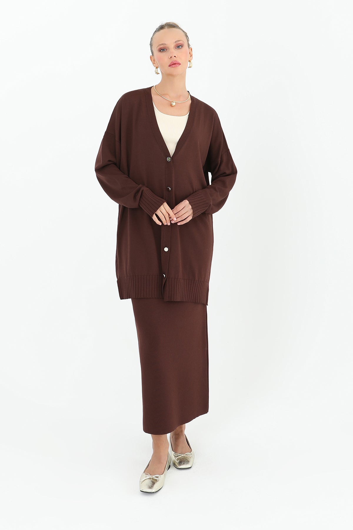 Kadın Çiçek Kabartmalı Basic Tunik  - 10482TUN BROWN