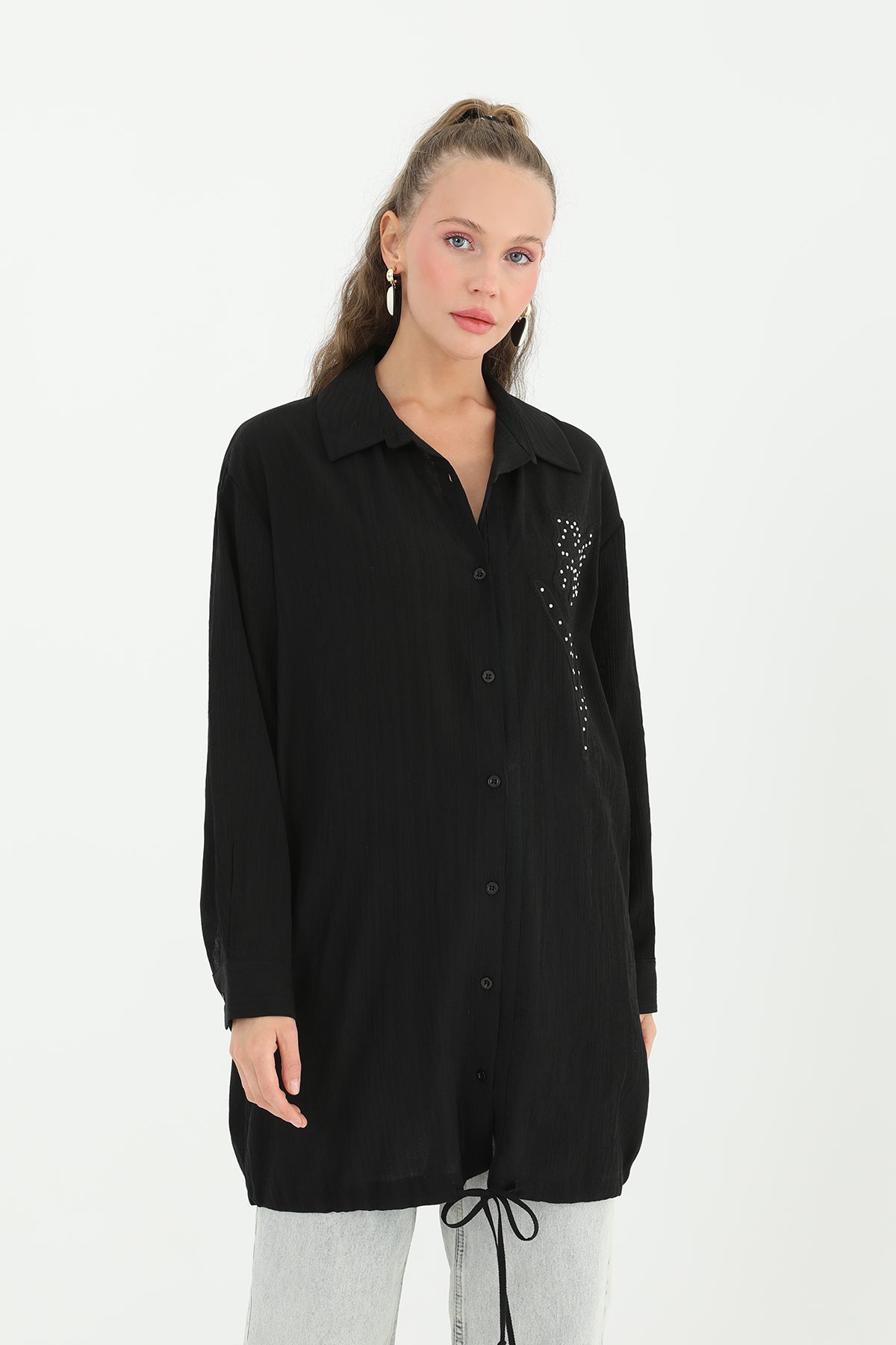 Kadın İşlemeli Gömlek  - 10519GML BLACK