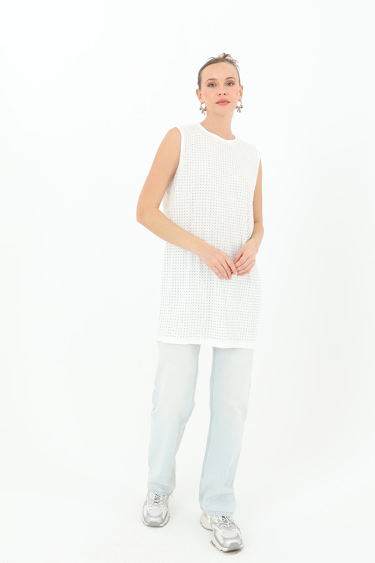 Kadın Sıfır Kol Taşlı Tunik -24S-10525TUN ECRU