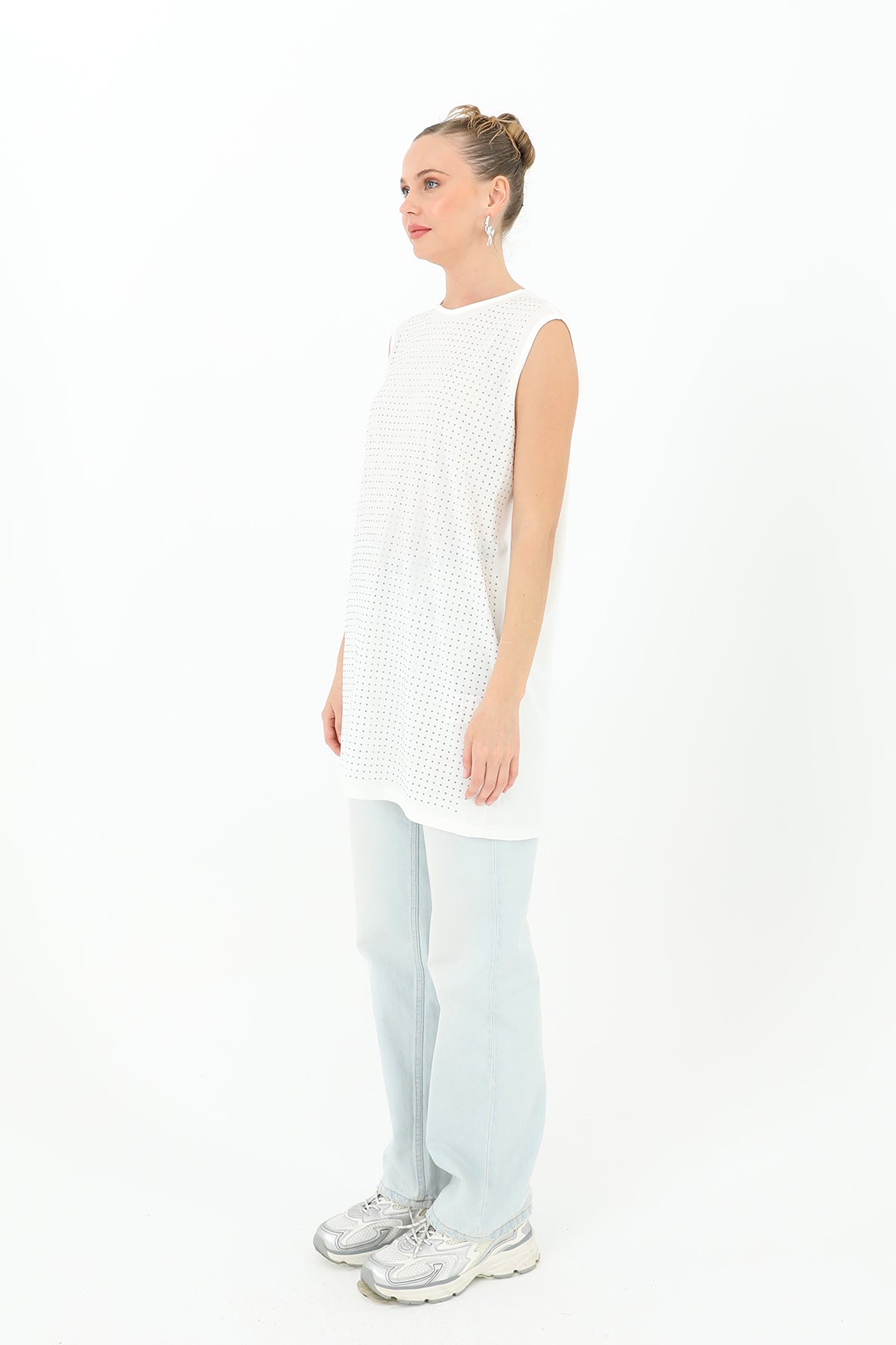 Kadın Sıfır Kol Taşlı Tunik -24S-10525TUN ECRU