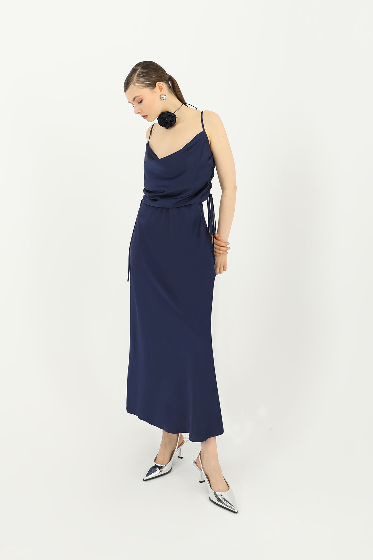 Kadın Saten Uzun Etek - 24S-31614ETK NAVY