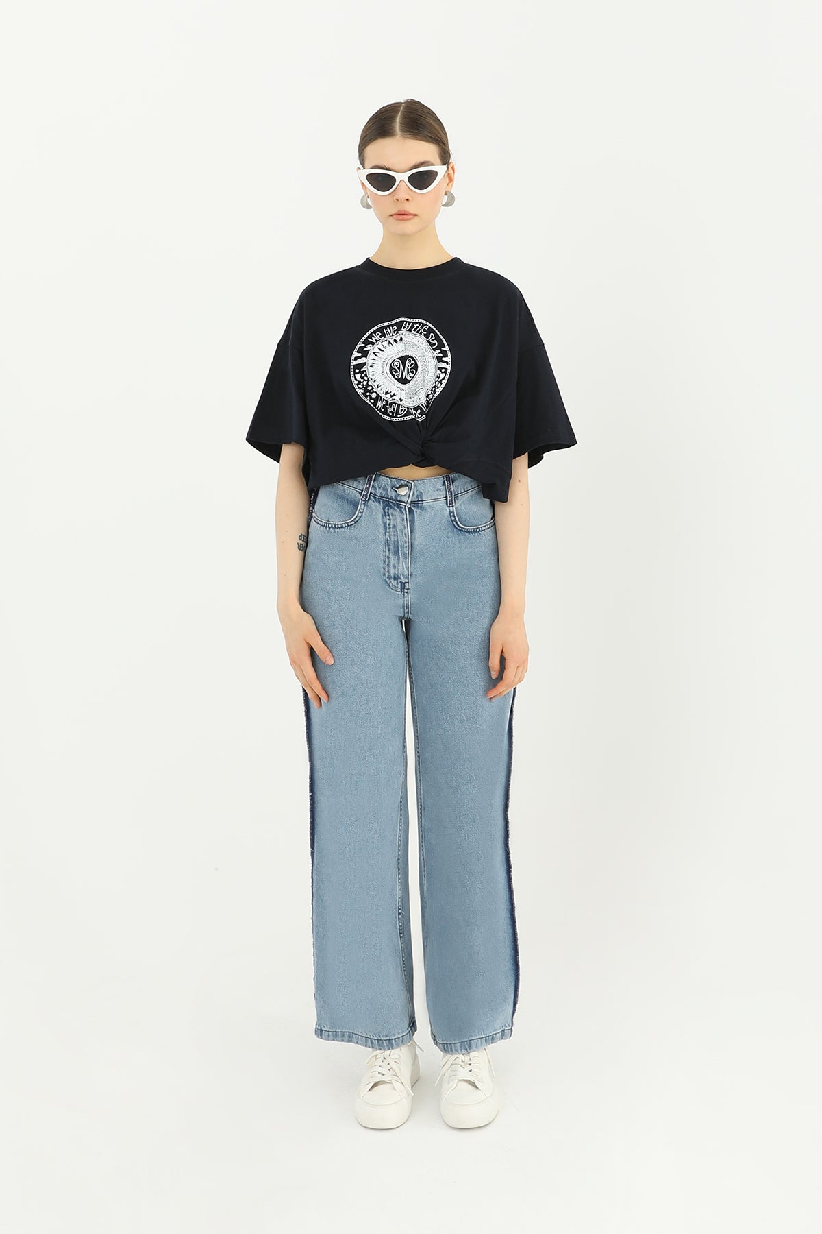 Kadın Şerit Detaylı Geniş Paça Pantolon - 31625PNT BLUE