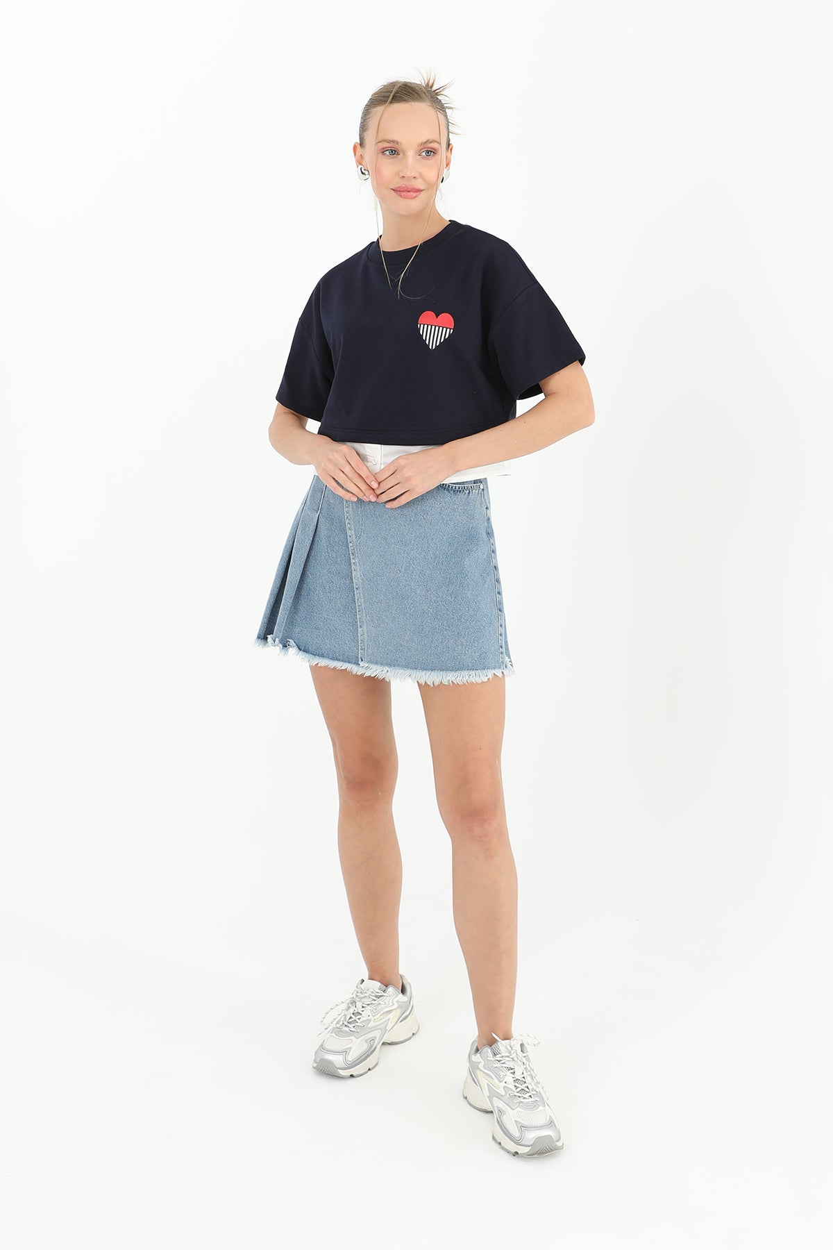 Kadın Poplin Garnili Baskılı T-shirt - 31640TSH NAVY-ECRU