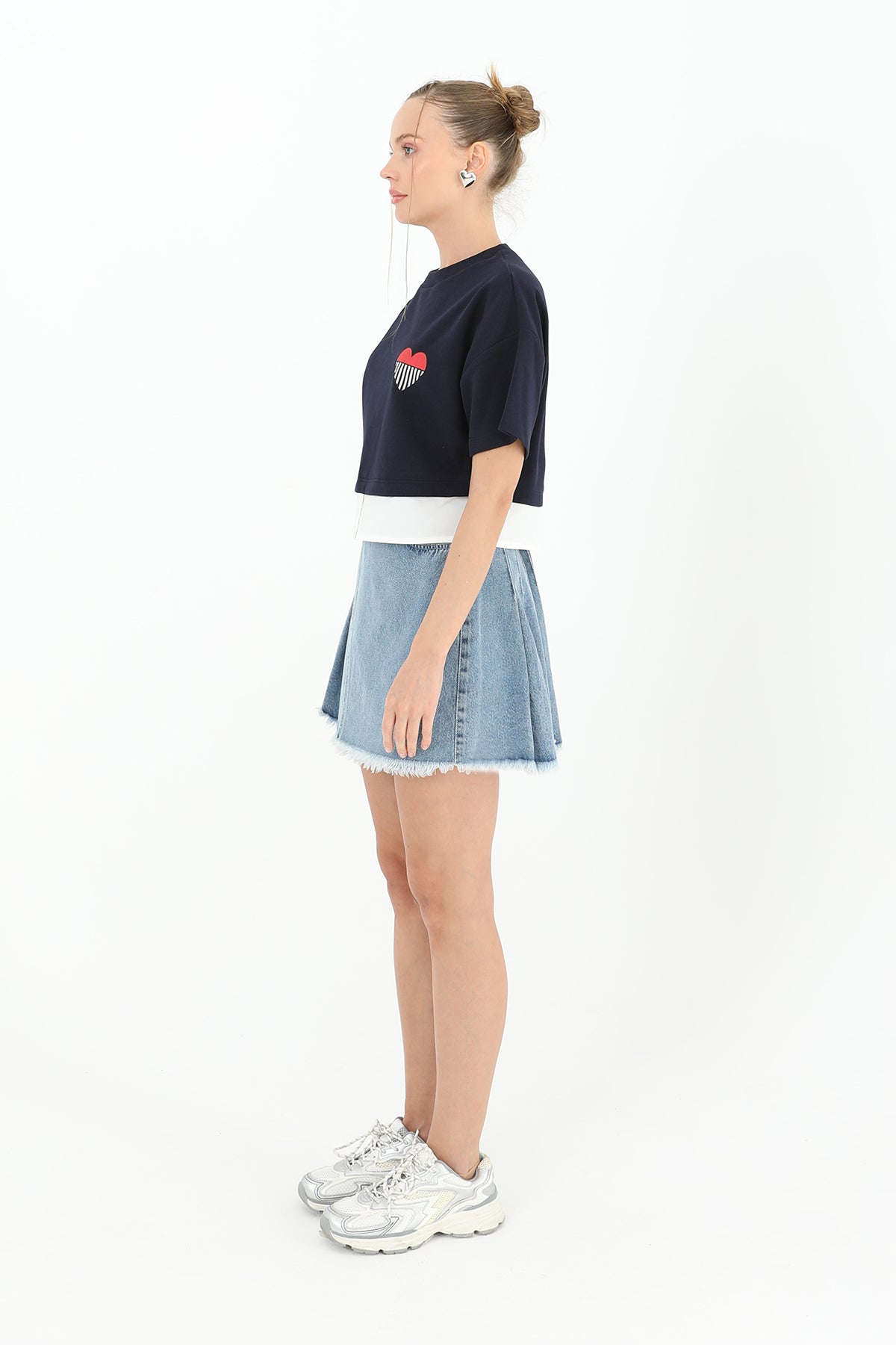 Kadın Poplin Garnili Baskılı T-shirt - 31640TSH NAVY-ECRU