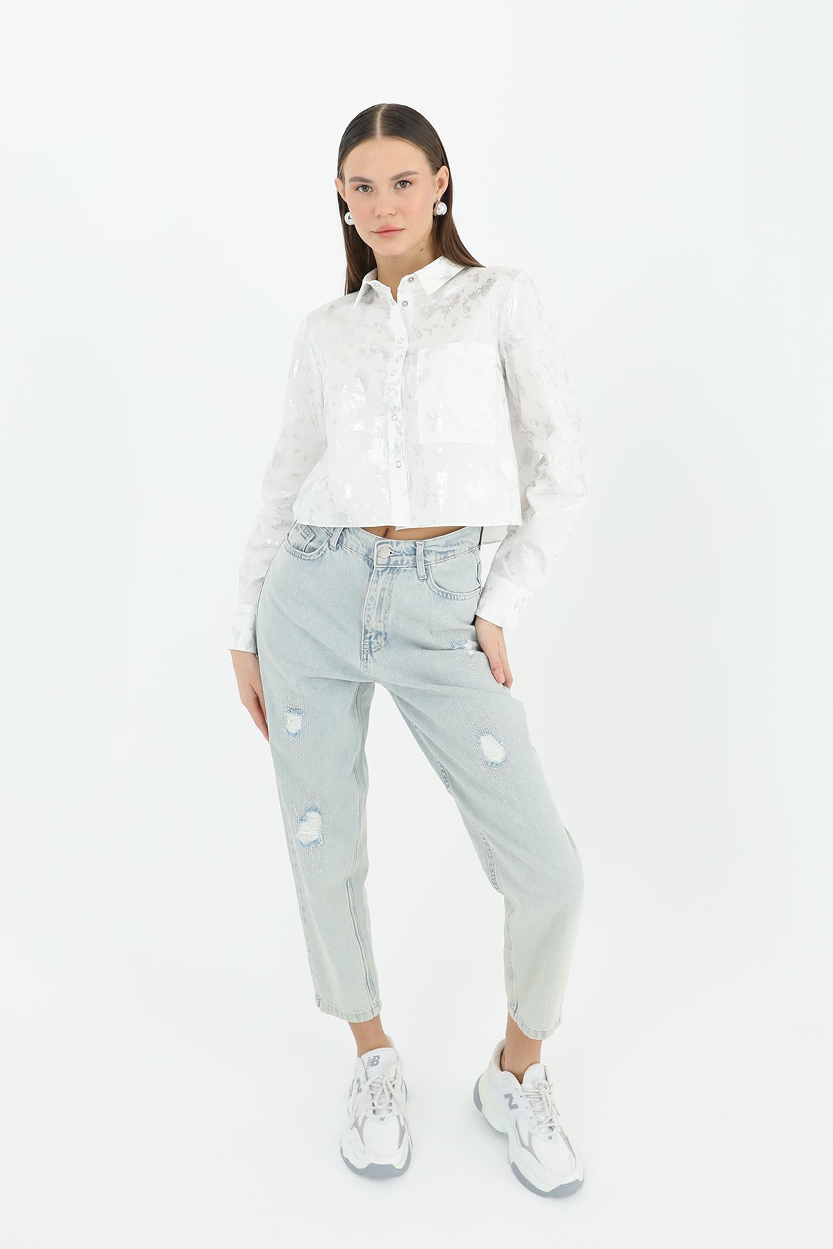 Kadın Crop Uzun Kollu Varak Desenli Gömlek -24S-31769GML ECRU