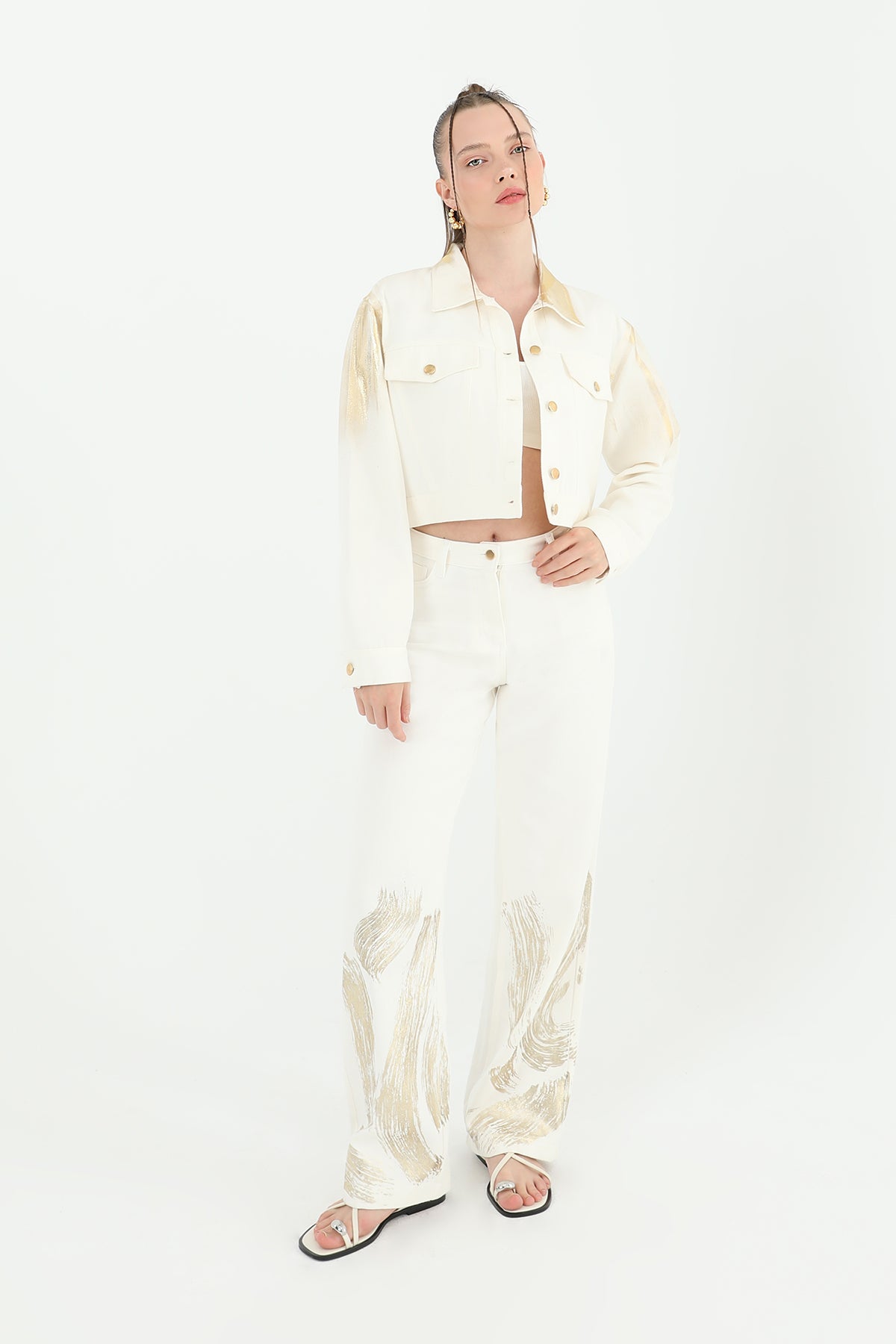Kadın Varaklı Pantolon -24S-31798PNT ECRU