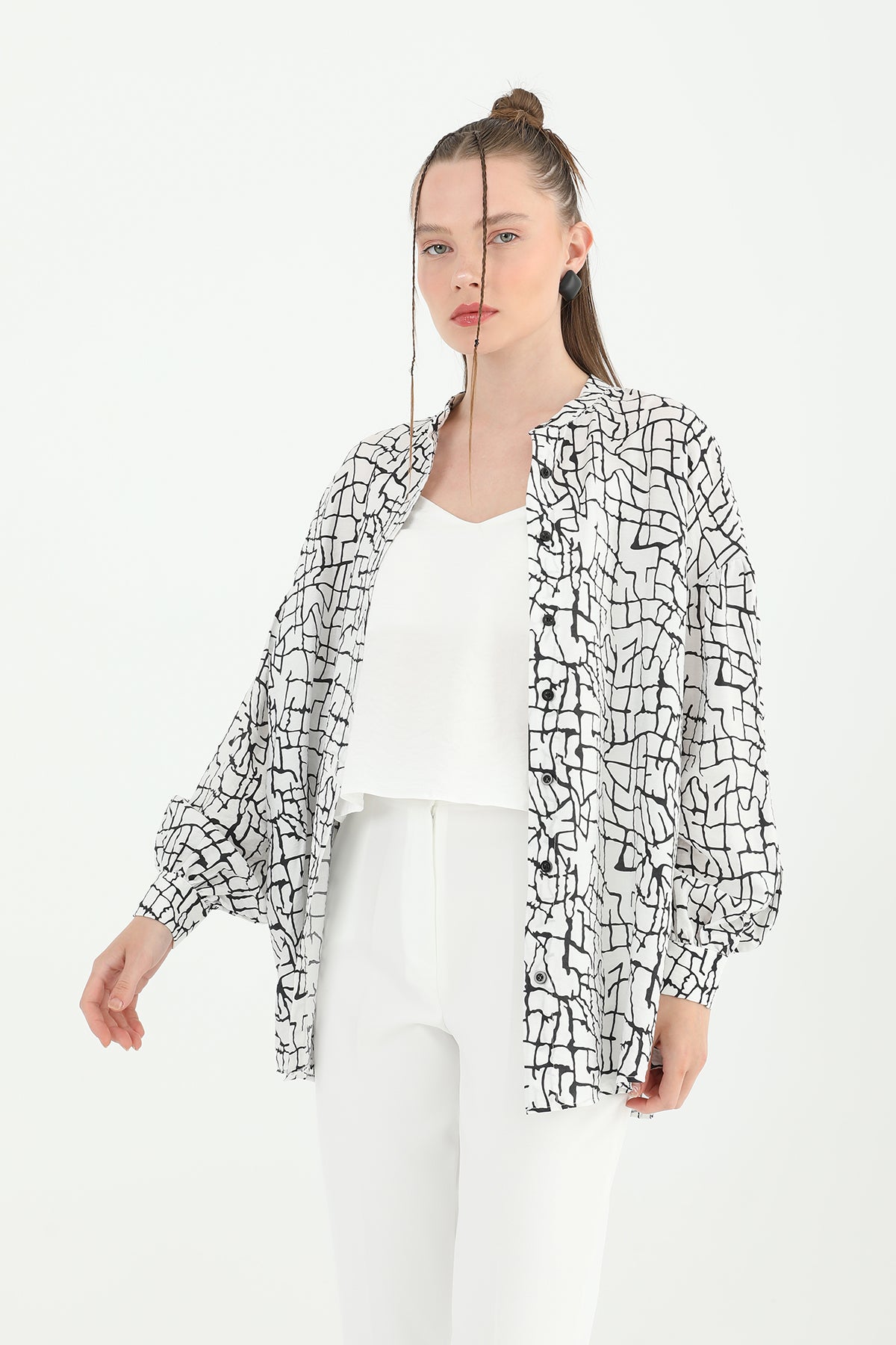 Kadın Desenli Atlet Ve Gömlekli Takım -24S-31811GML ECRU-BLACK