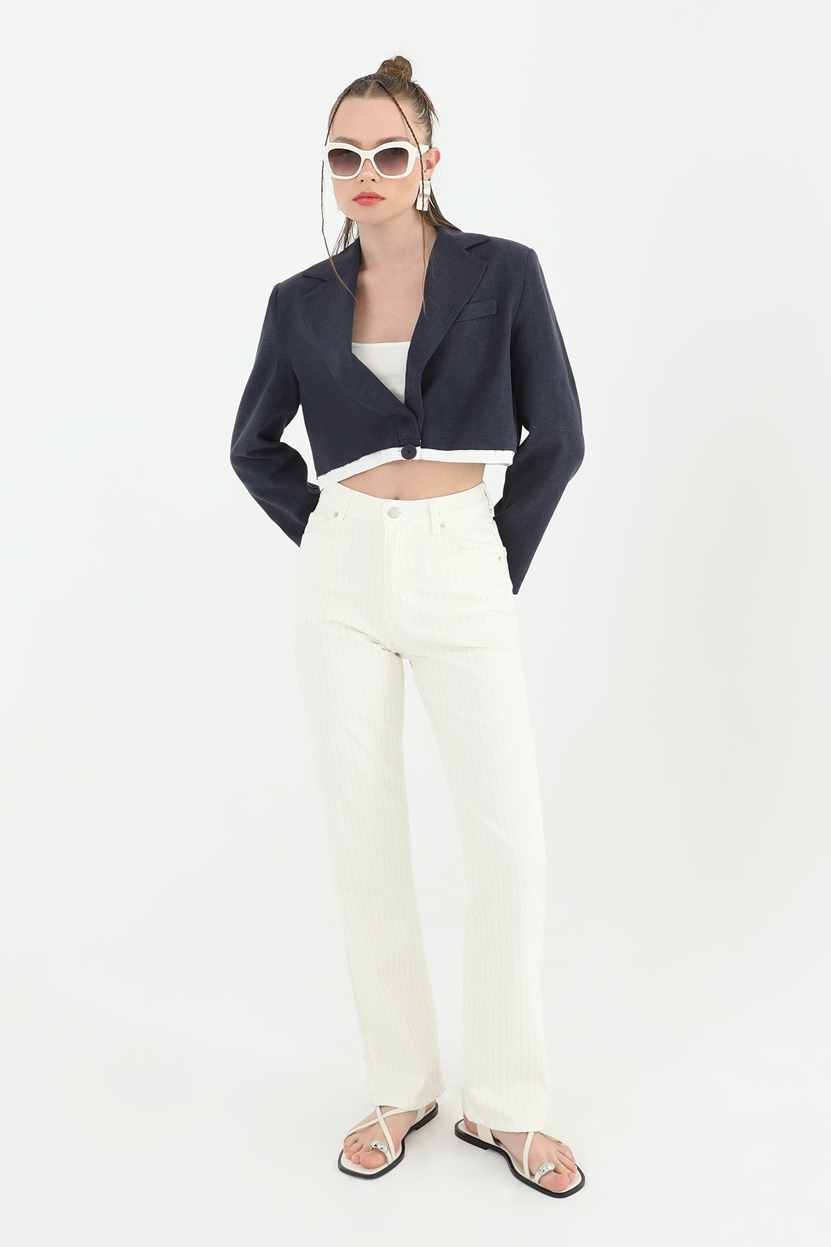 Kadın Çizgili Denim Pantolon - 31877PNT ECRU