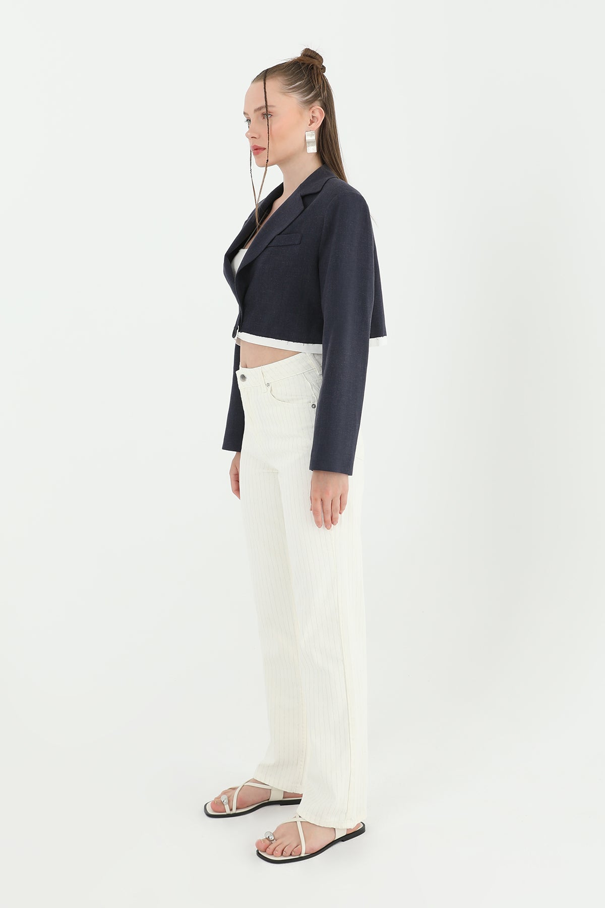 Kadın Çizgili Denim Pantolon - 31877PNT ECRU