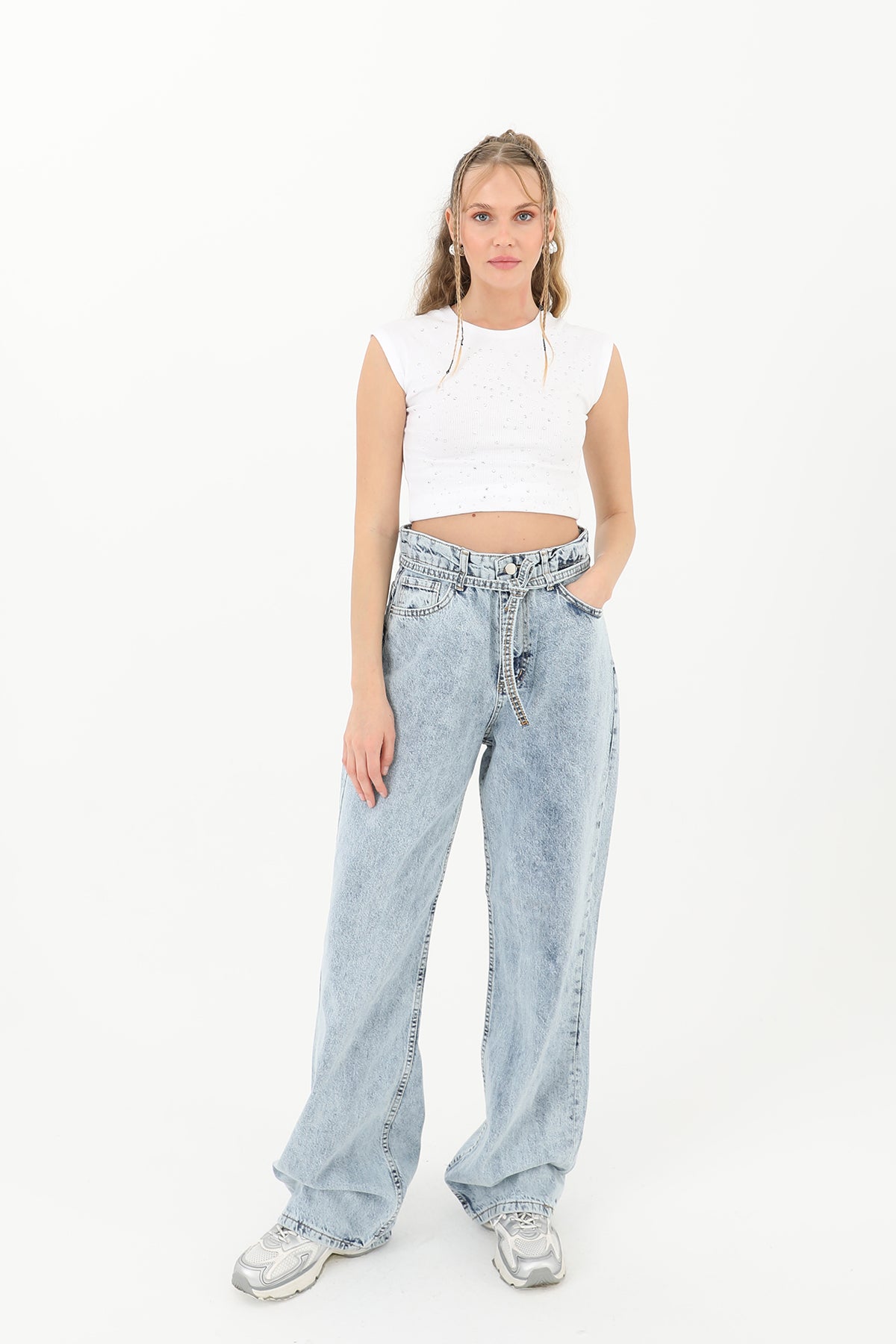 Kadın Belden Bağlamalı Denim Pantolon - 31878PNT LIGHT BLUE