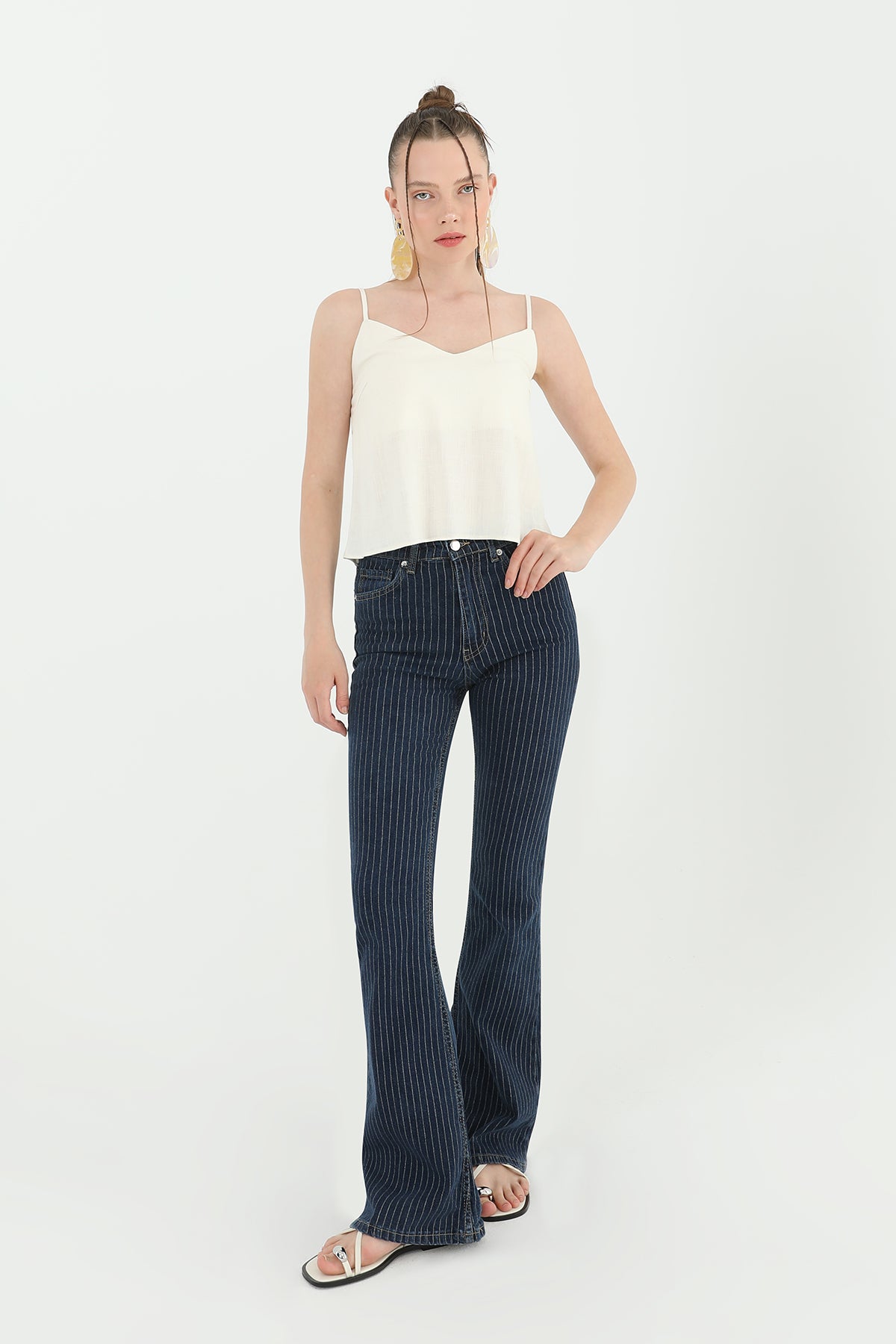 Kadın Çizgili Bol Denim Pantolon - 31879PNT BLUE