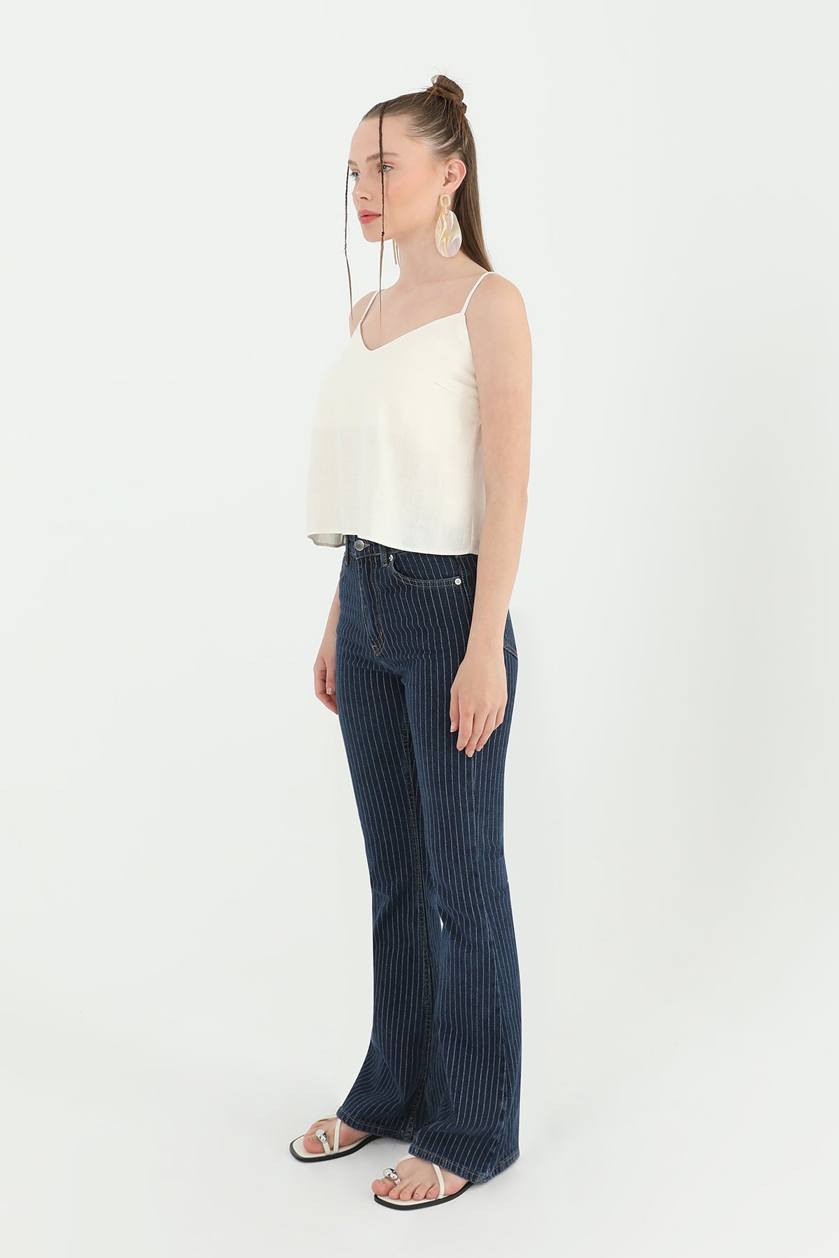 Kadın Çizgili Bol Denim Pantolon - 31879PNT BLUE