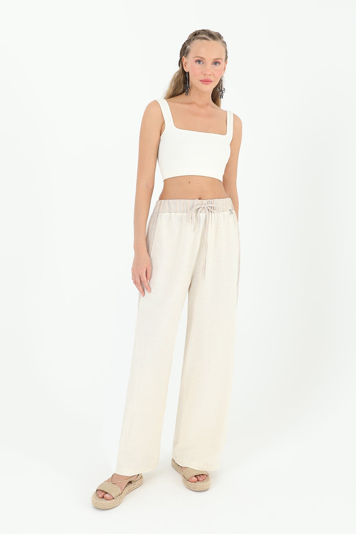 Kadın Belden Bağlamalı Yanları Şeritli Pantolon  - 31884PNT BEIGE