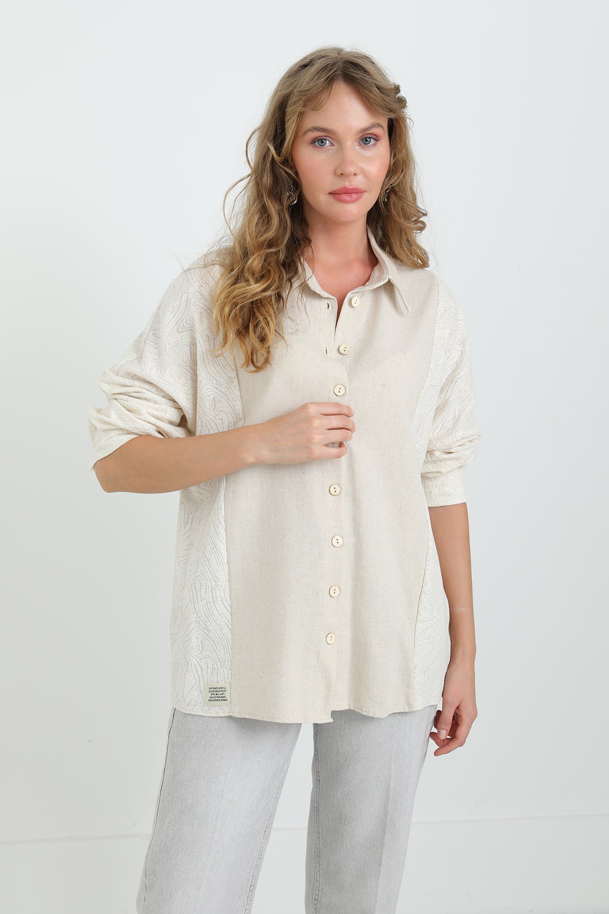 Kadın Keten Uzun Kollu Gömlek -24S-31885GML DARK BEIGE