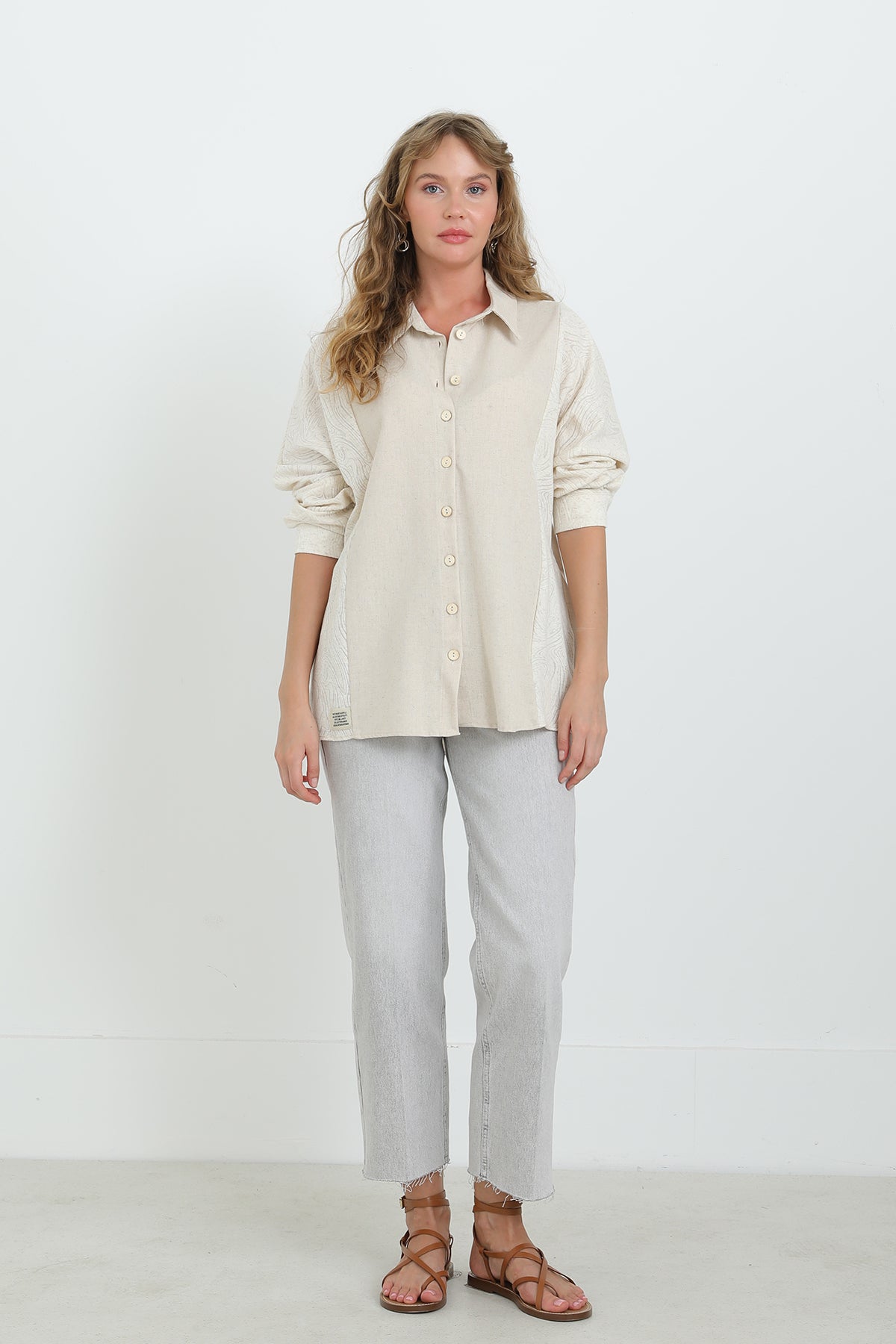 Kadın Keten Uzun Kollu Gömlek -24S-31885GML DARK BEIGE
