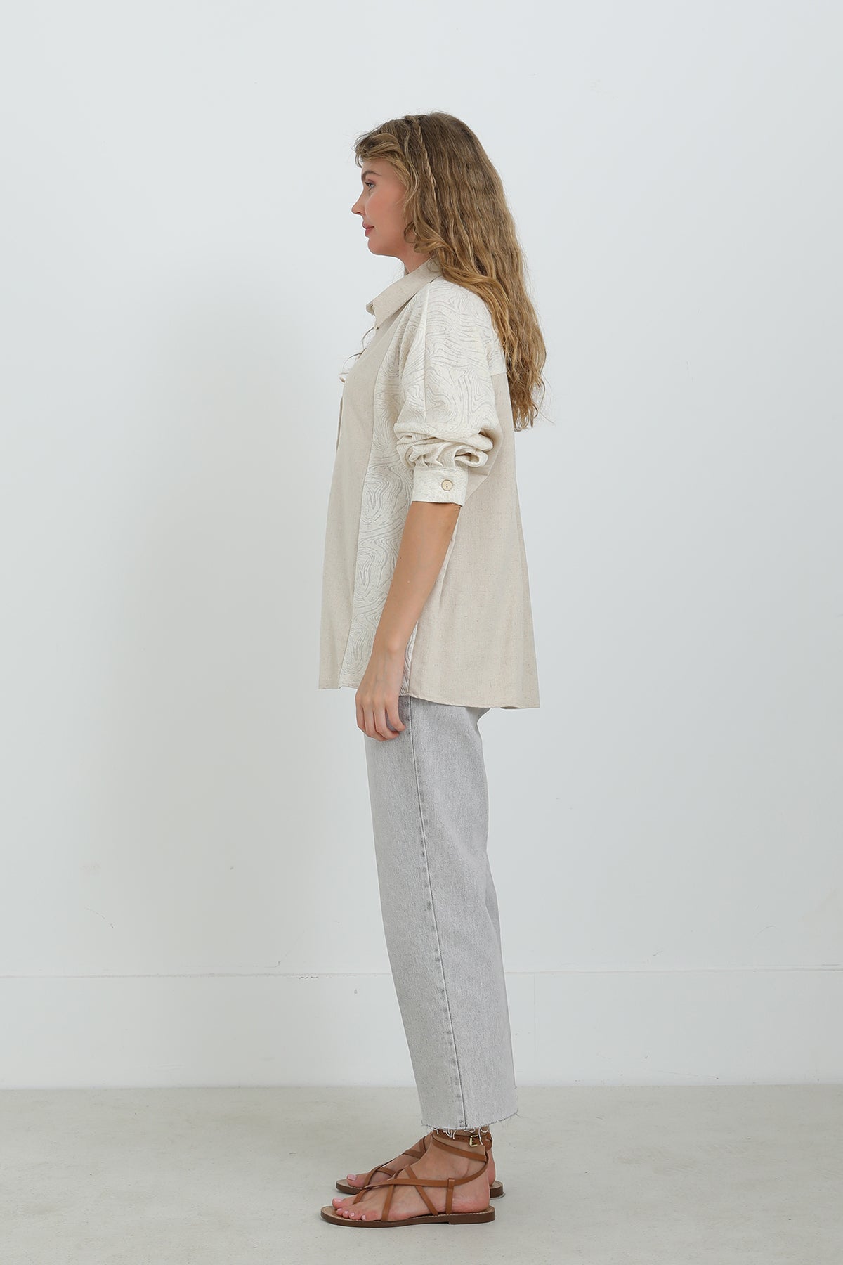 Kadın Keten Uzun Kollu Gömlek -24S-31885GML DARK BEIGE