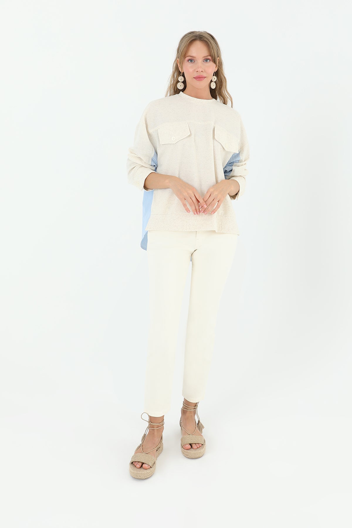 Kadın Önden Cepli Arkası Poplin Çizgili Kumaş -24S-31888BLZ BEIGE-BLUE