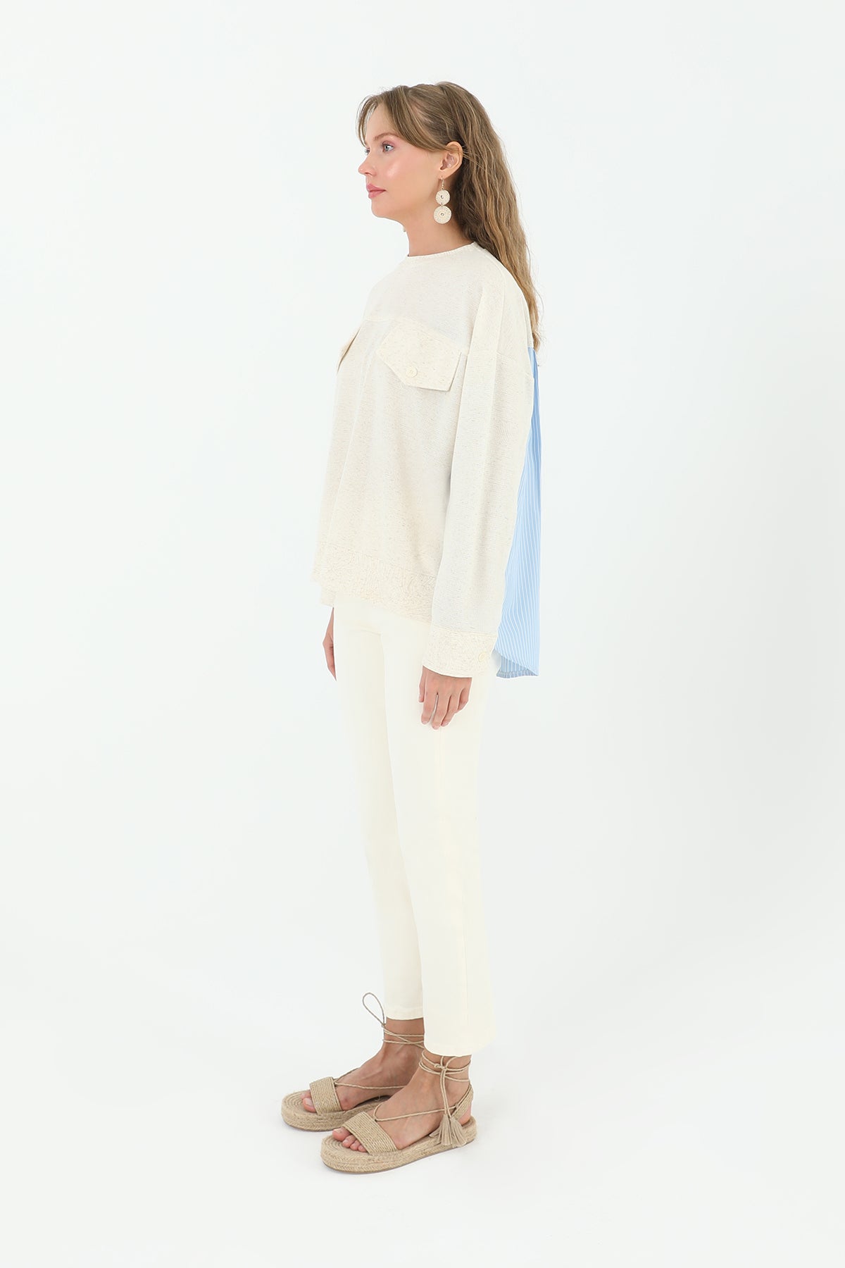 Kadın Önden Cepli Arkası Poplin Çizgili Kumaş -24S-31888BLZ BEIGE-BLUE
