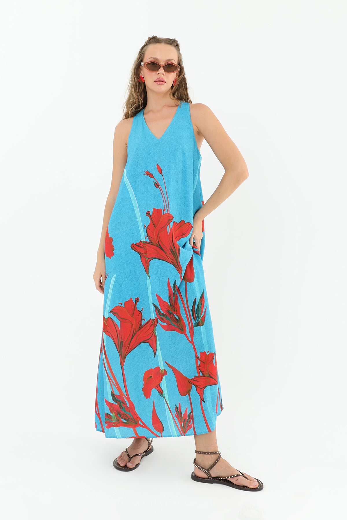 Kadın Tropik Lilium Desenli  Elbise-31943ELB AQUA