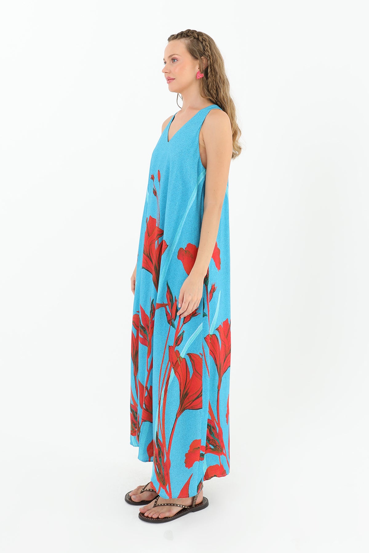 Kadın Tropik Lilium Desenli  Elbise-31943ELB AQUA