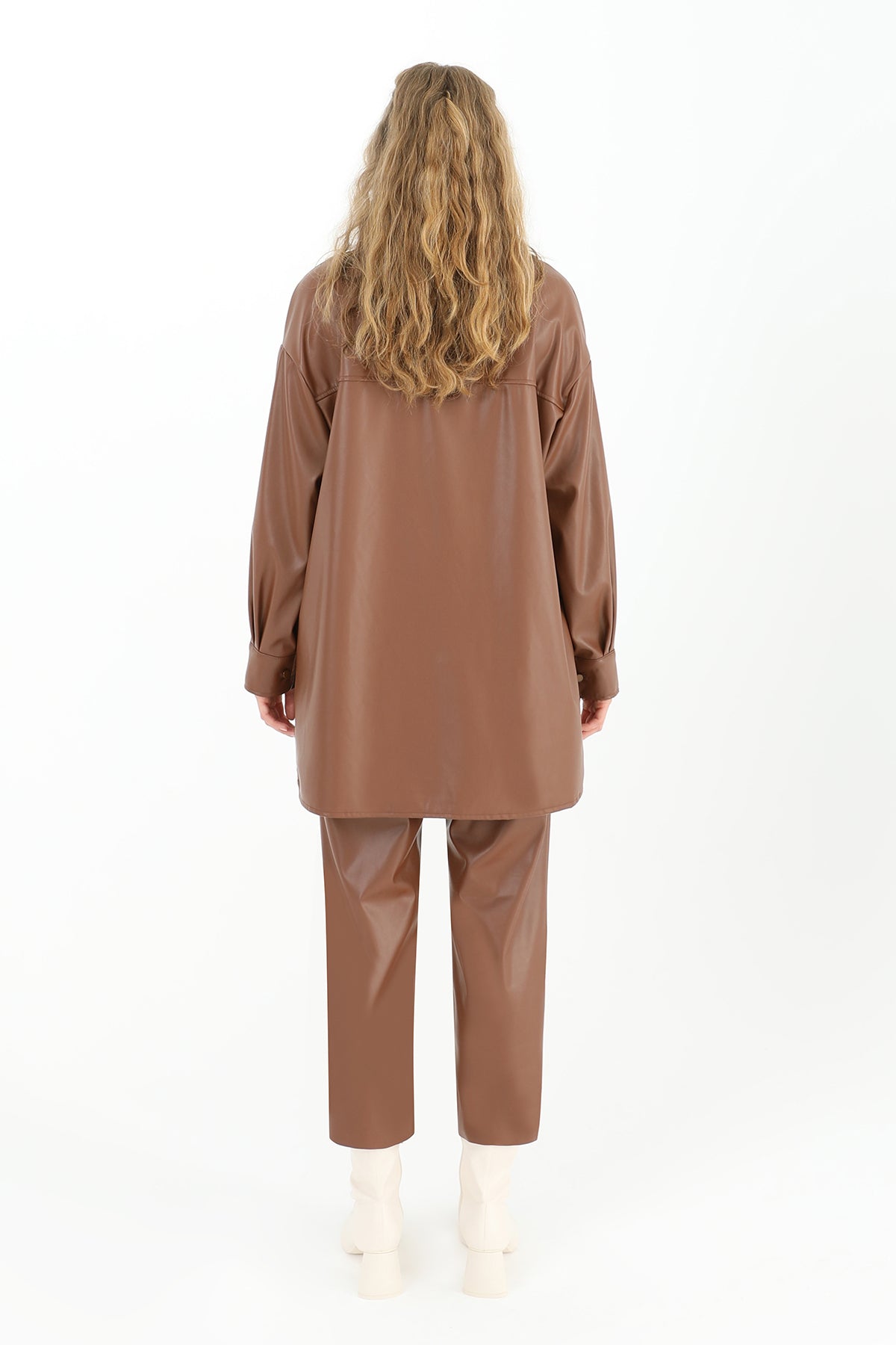 Kadın Cepli Deri Gömlek - 10570GML BROWN