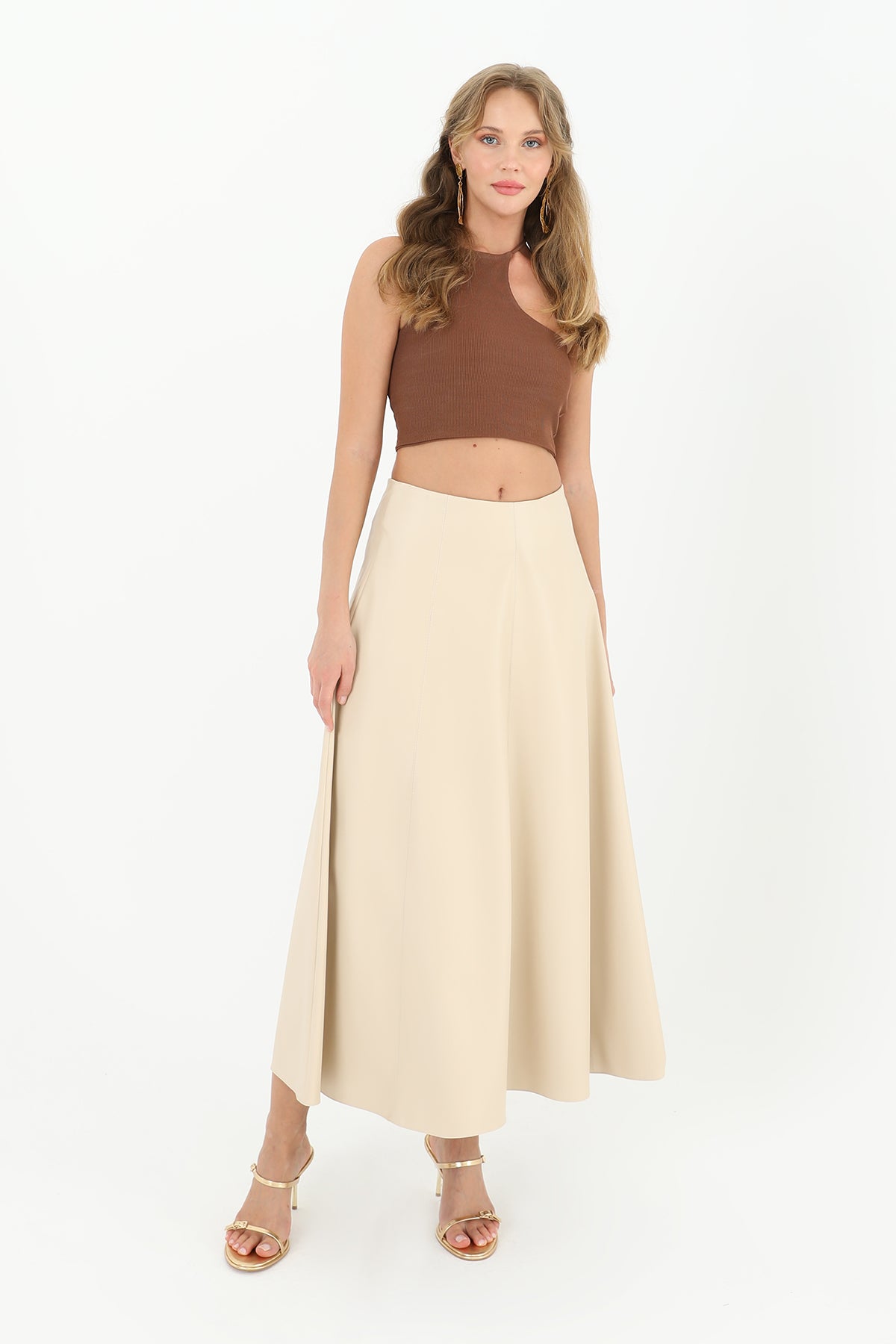 Kadın Parçalı Kloş Etek  - 18202ETK BEIGE