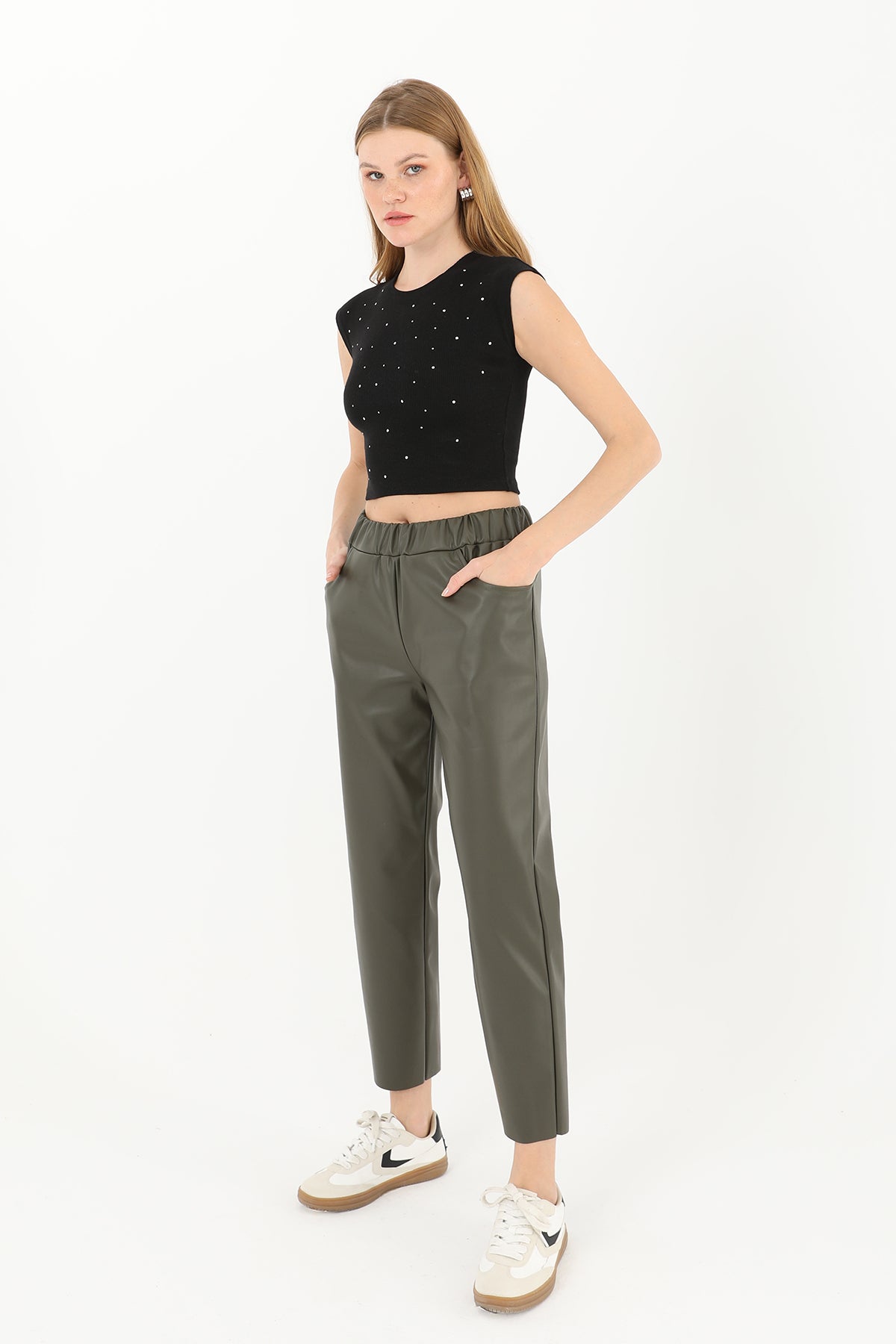 Kadın Beli Lastikli Cep Detaylı Deri Pantolon  - 18205PNT KHAKI