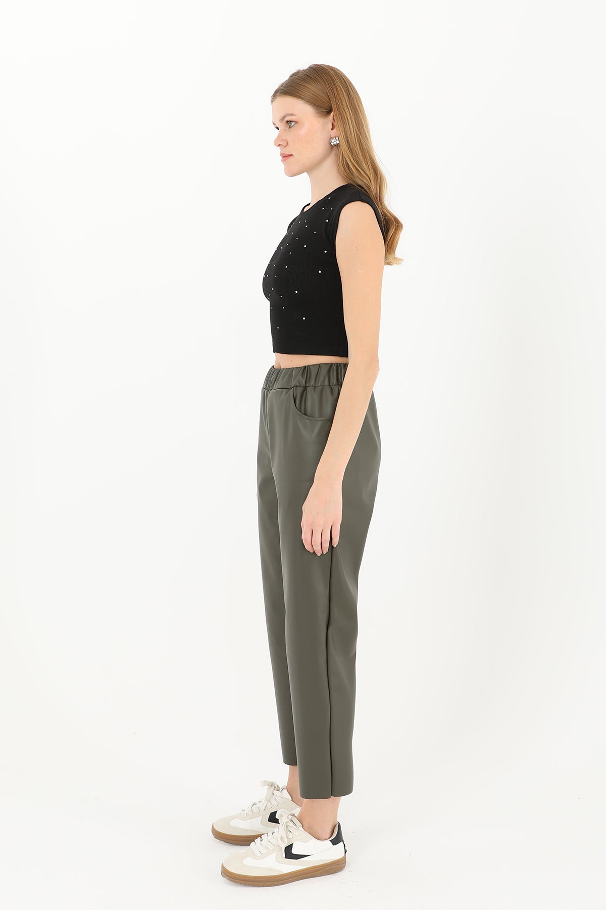 Kadın Beli Lastikli Cep Detaylı Deri Pantolon  - 18205PNT KHAKI