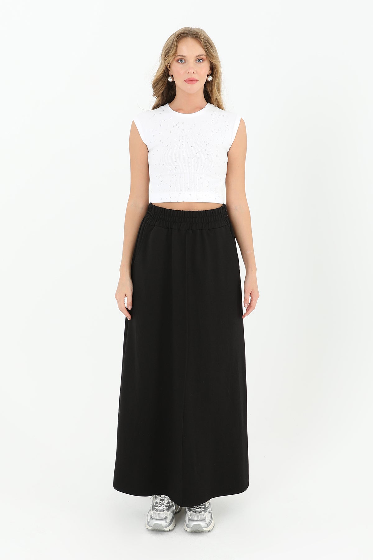 Kadın Beli Lastikli Uzun Etek  - 18207ETK BLACK