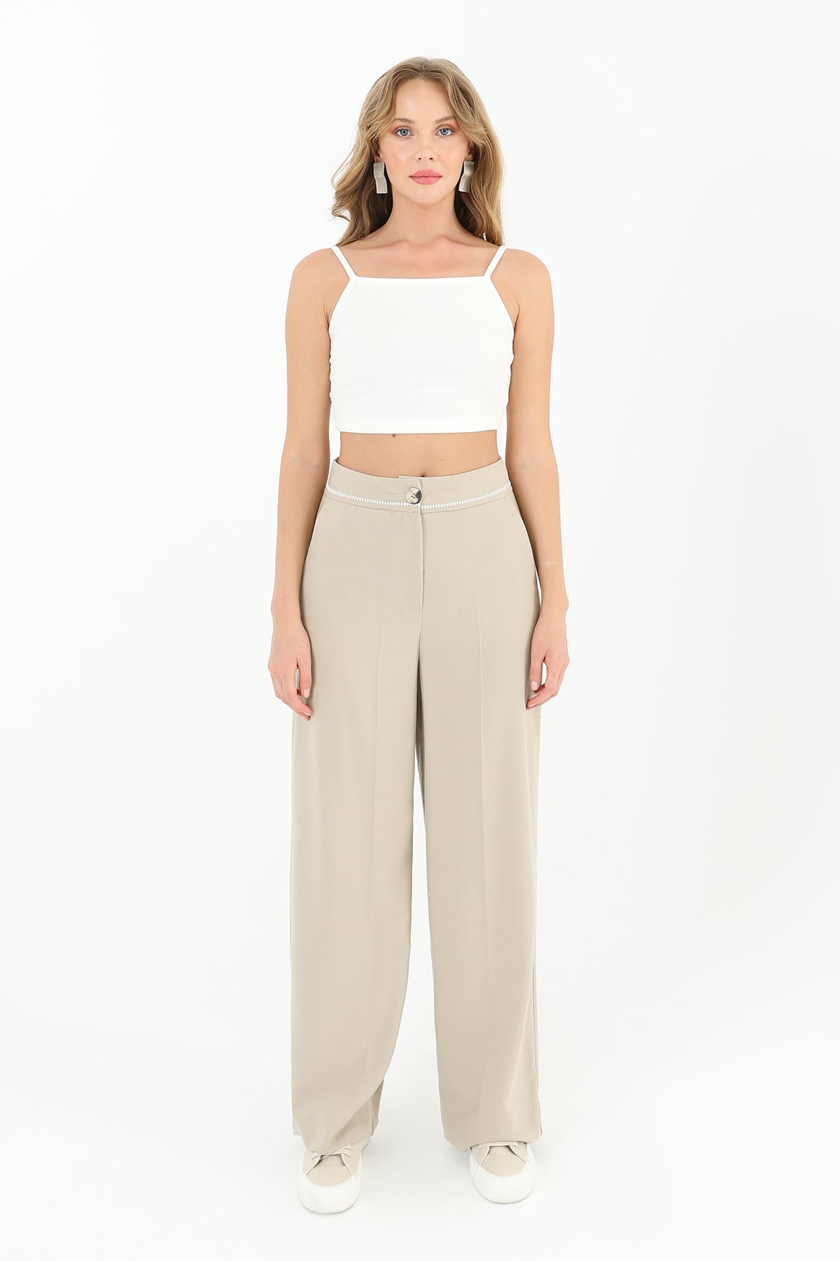 Kadın Beli Nakış Detaylı Geniş Paça Pantolon  - 31976PNT BEIGE