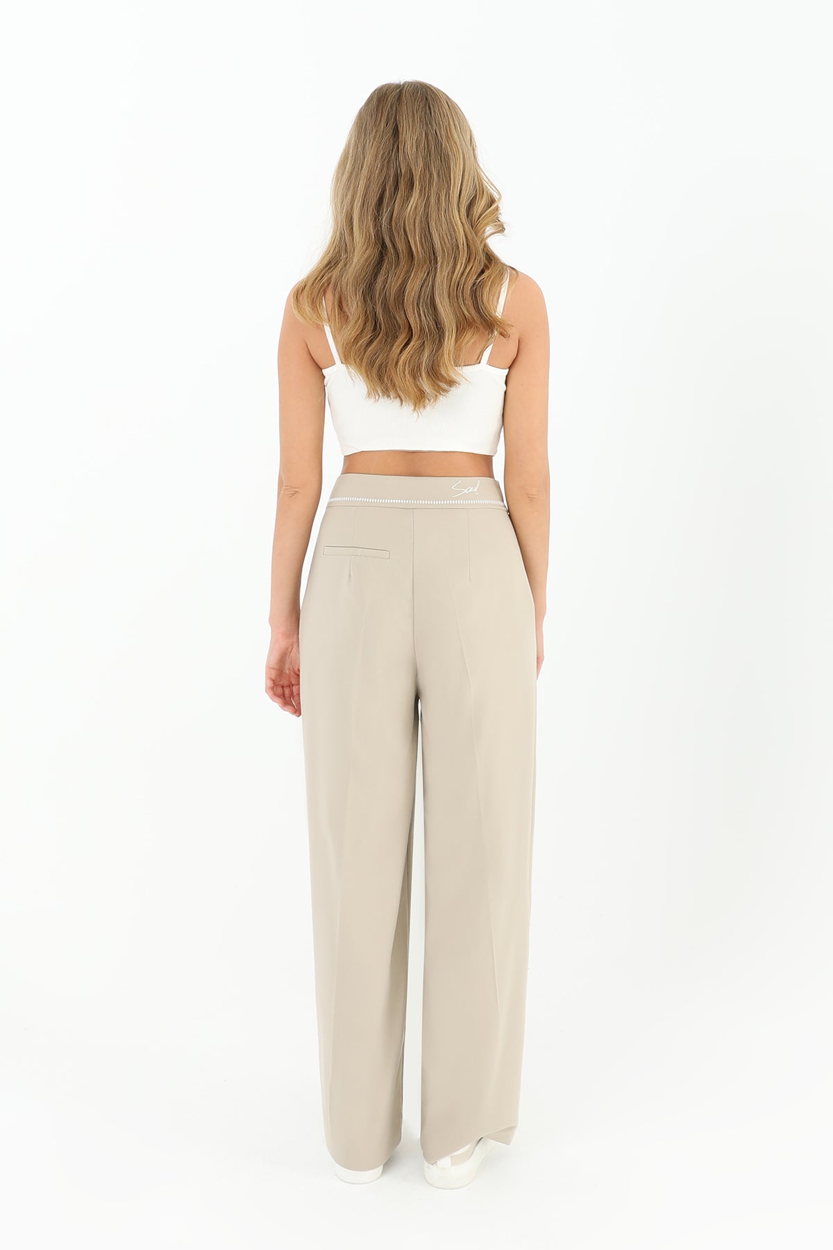 Kadın Beli Nakış Detaylı Geniş Paça Pantolon  - 31976PNT BEIGE