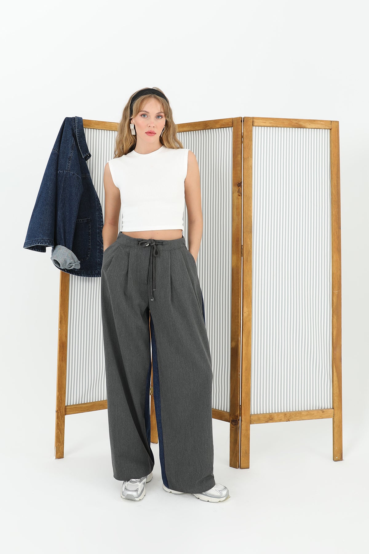 Kadın Arkası Kot Önü Triko Geçişli Geniş Paça Pantolon  - 31991PNT ANTHRACITE-BLUE
