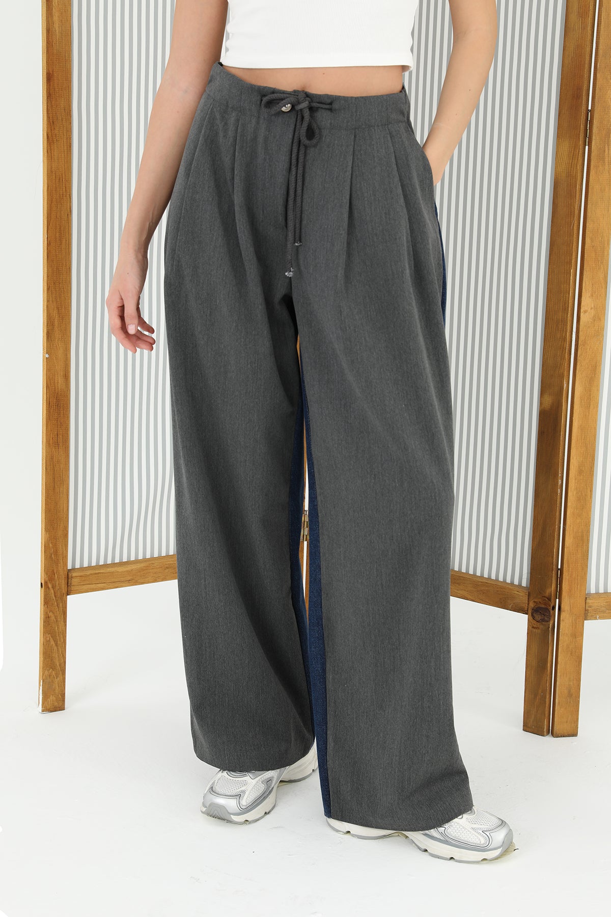 Kadın Arkası Kot Önü Triko Geçişli Geniş Paça Pantolon  - 31991PNT ANTHRACITE-BLUE