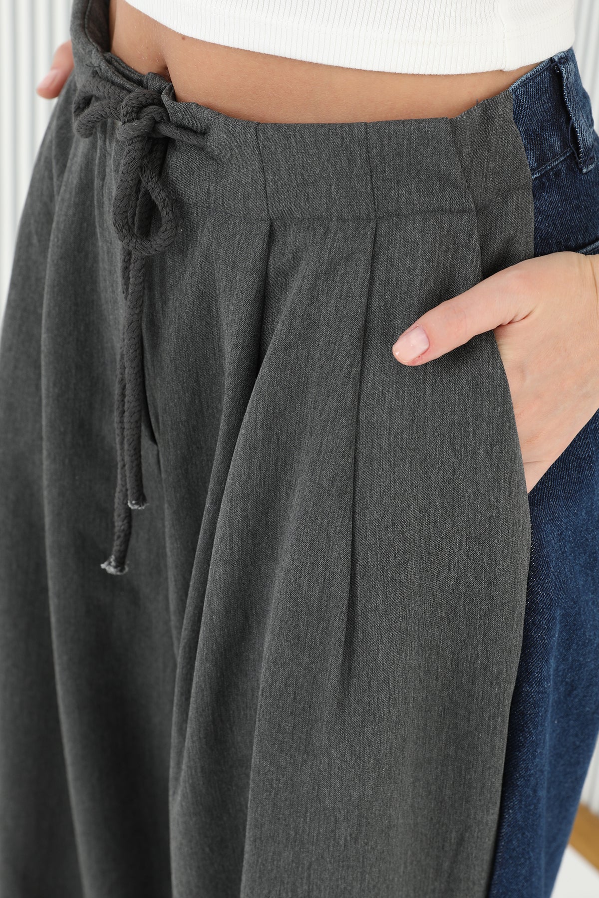 Kadın Arkası Kot Önü Triko Geçişli Geniş Paça Pantolon  - 31991PNT ANTHRACITE-BLUE