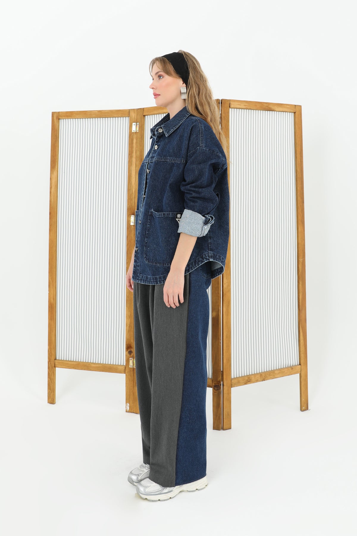 Kadın Arkası Kot Önü Triko Geçişli Geniş Paça Pantolon  - 31991PNT ANTHRACITE-BLUE