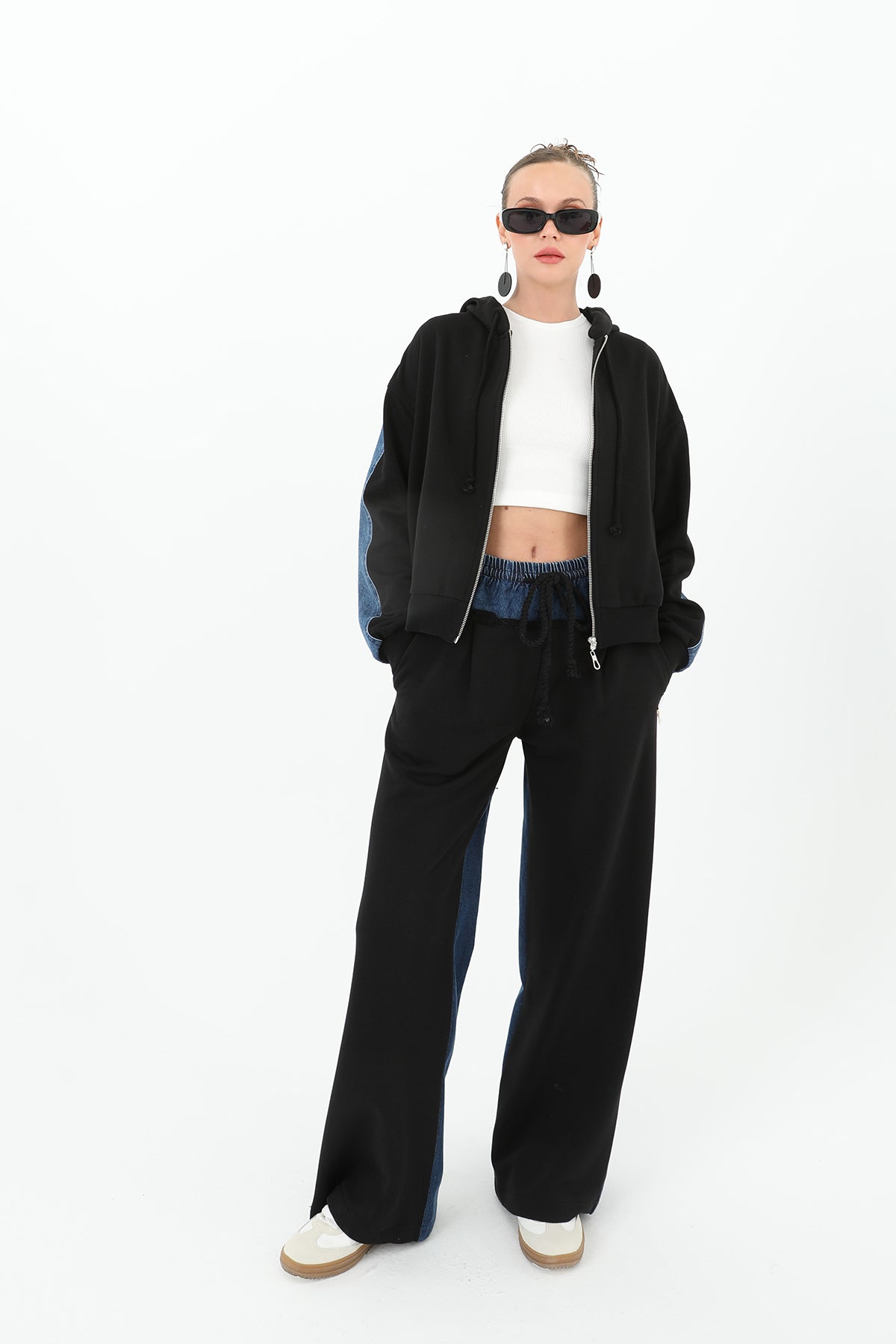 Kadın Arkası Kot Önü Triko Geçişli Geniş Paça Pantolon  - 31992PNT BLACK-BLUE