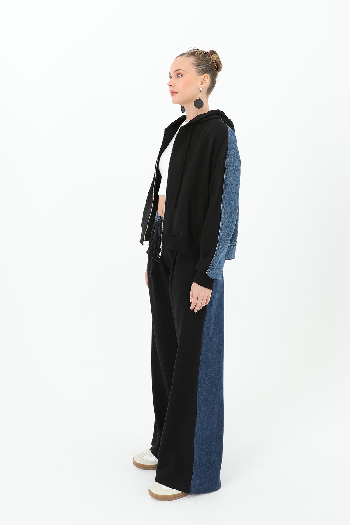 Kadın Arkası Kot Önü Triko Geçişli Geniş Paça Pantolon  - 31992PNT BLACK-BLUE