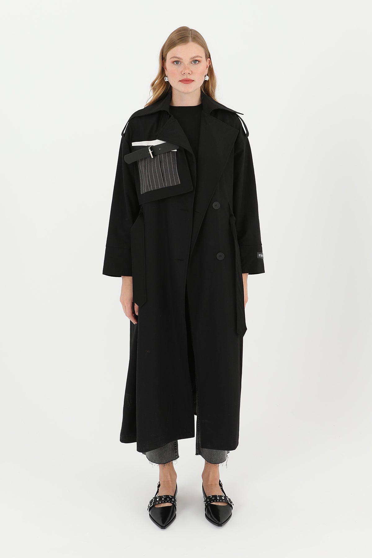 Kadın Cep Aksesuar Detaylı Trench  - 32000TRC BLACK