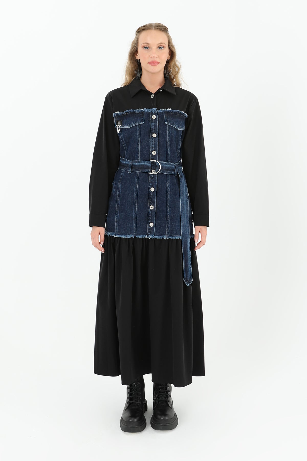 Denim Detaylı Kemerli Uzun Elbise  - 32008ELB BLACK-BLUE