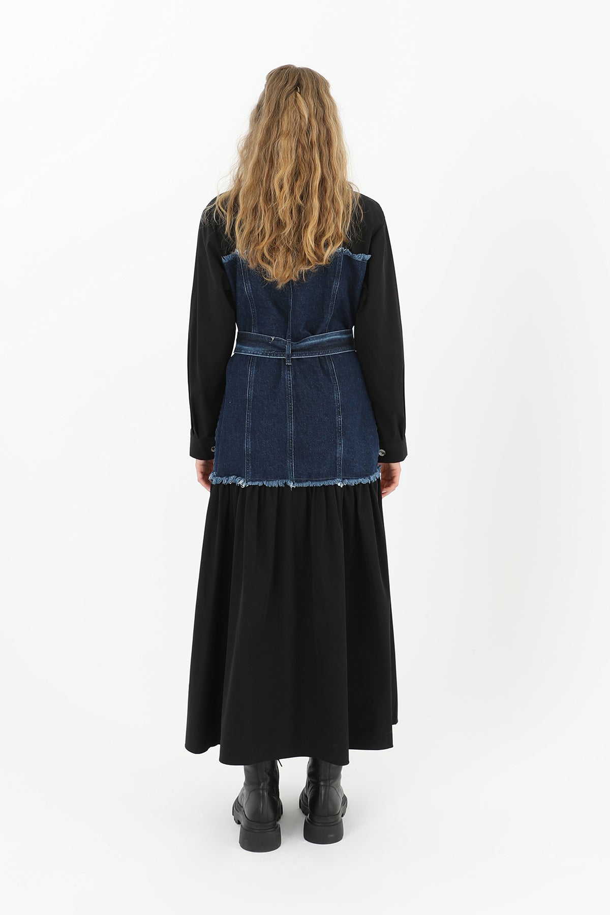 Denim Detaylı Kemerli Uzun Elbise  - 32008ELB BLACK-BLUE