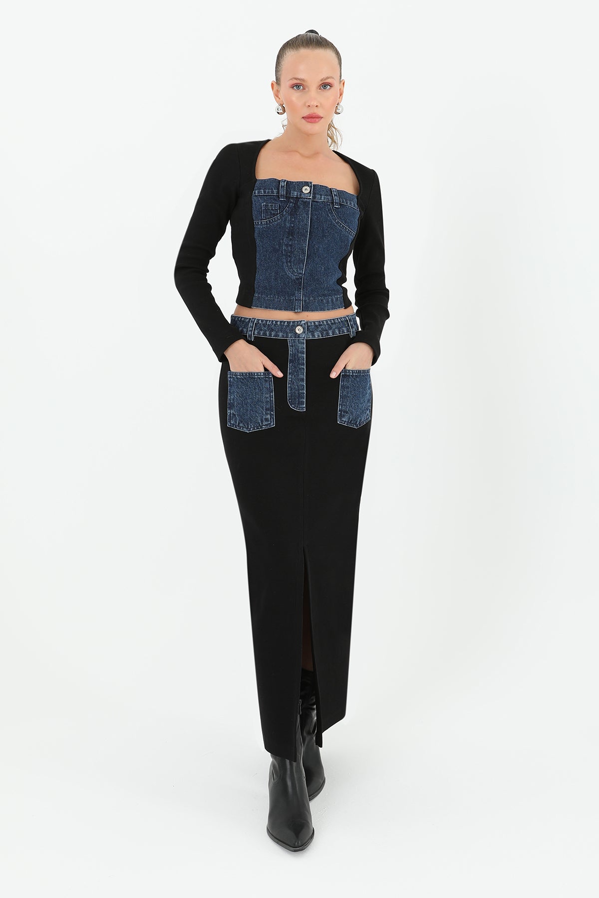 Kadın Ribanalı Denim Cepli Etek  - 32028ETK BLACK