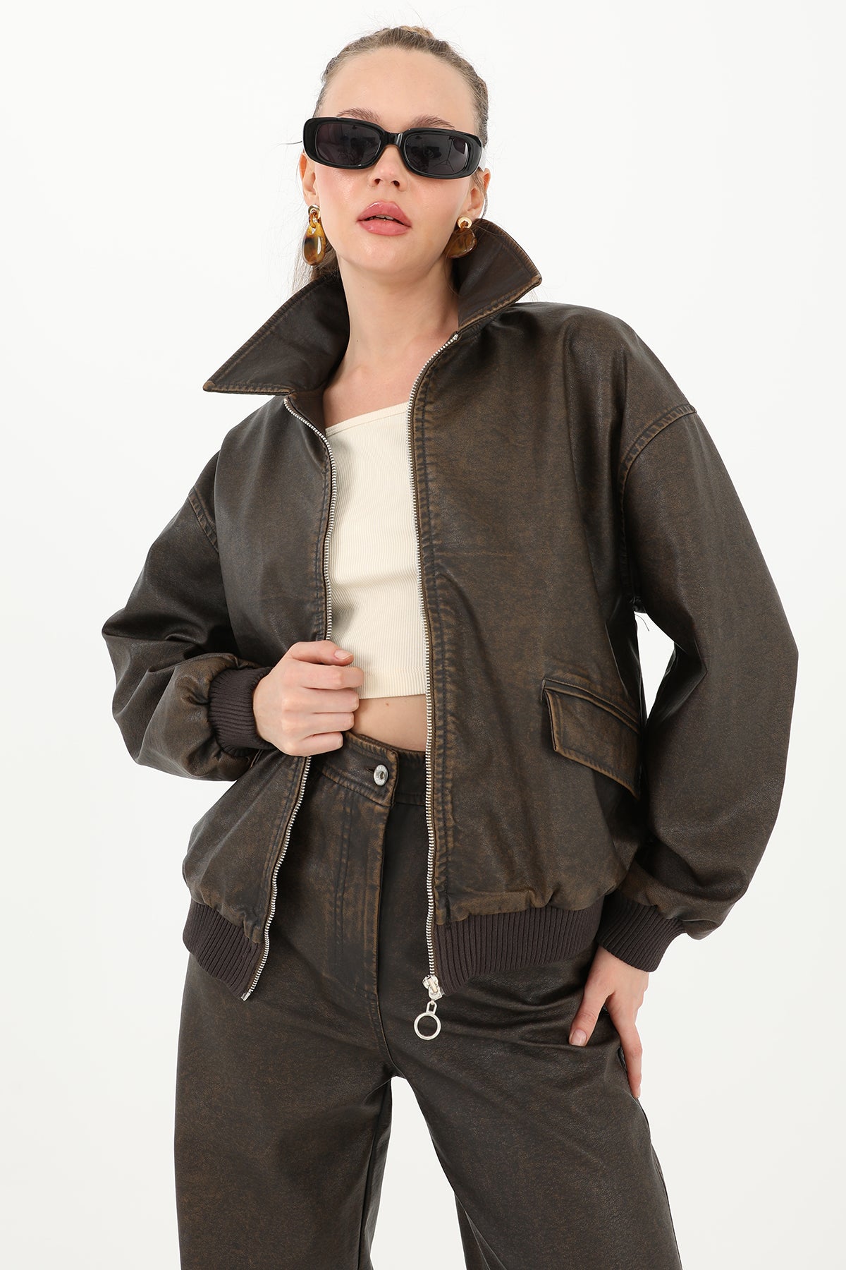 Kadın Yıkamalı Deri Ceket  - 32033MNT BROWN