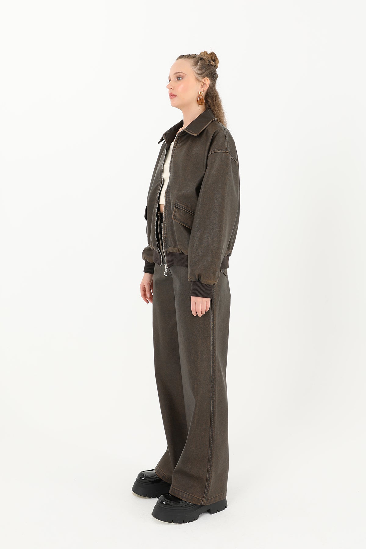Kadın Yıkamalı Deri Ceket  - 32033MNT BROWN