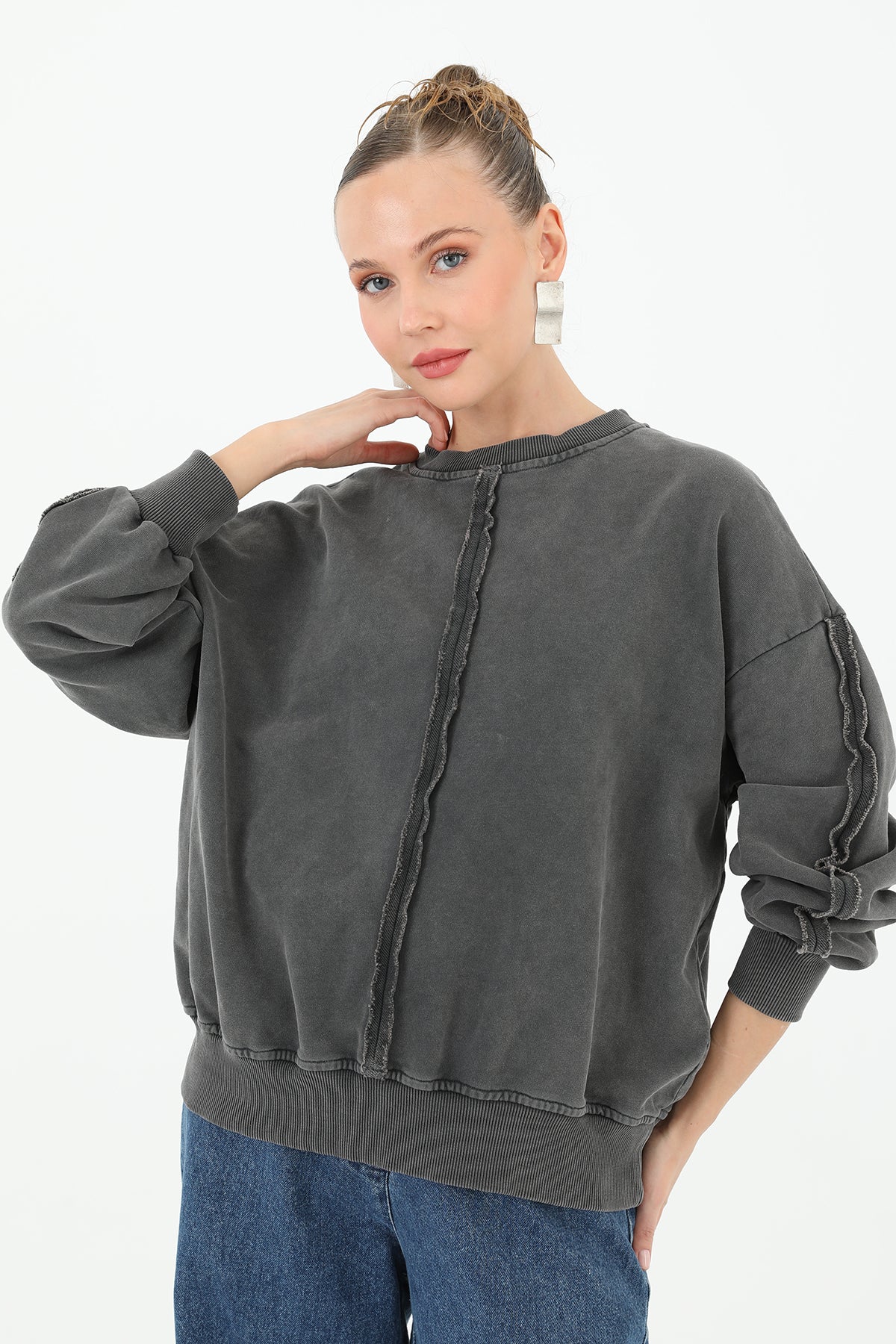 Kadın Dikiş Detaylı Eskitme Sweatshirt - 32063SWT ANTRACITE