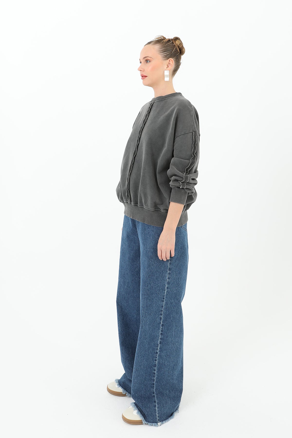 Kadın Dikiş Detaylı Eskitme Sweatshirt - 32063SWT ANTRACITE