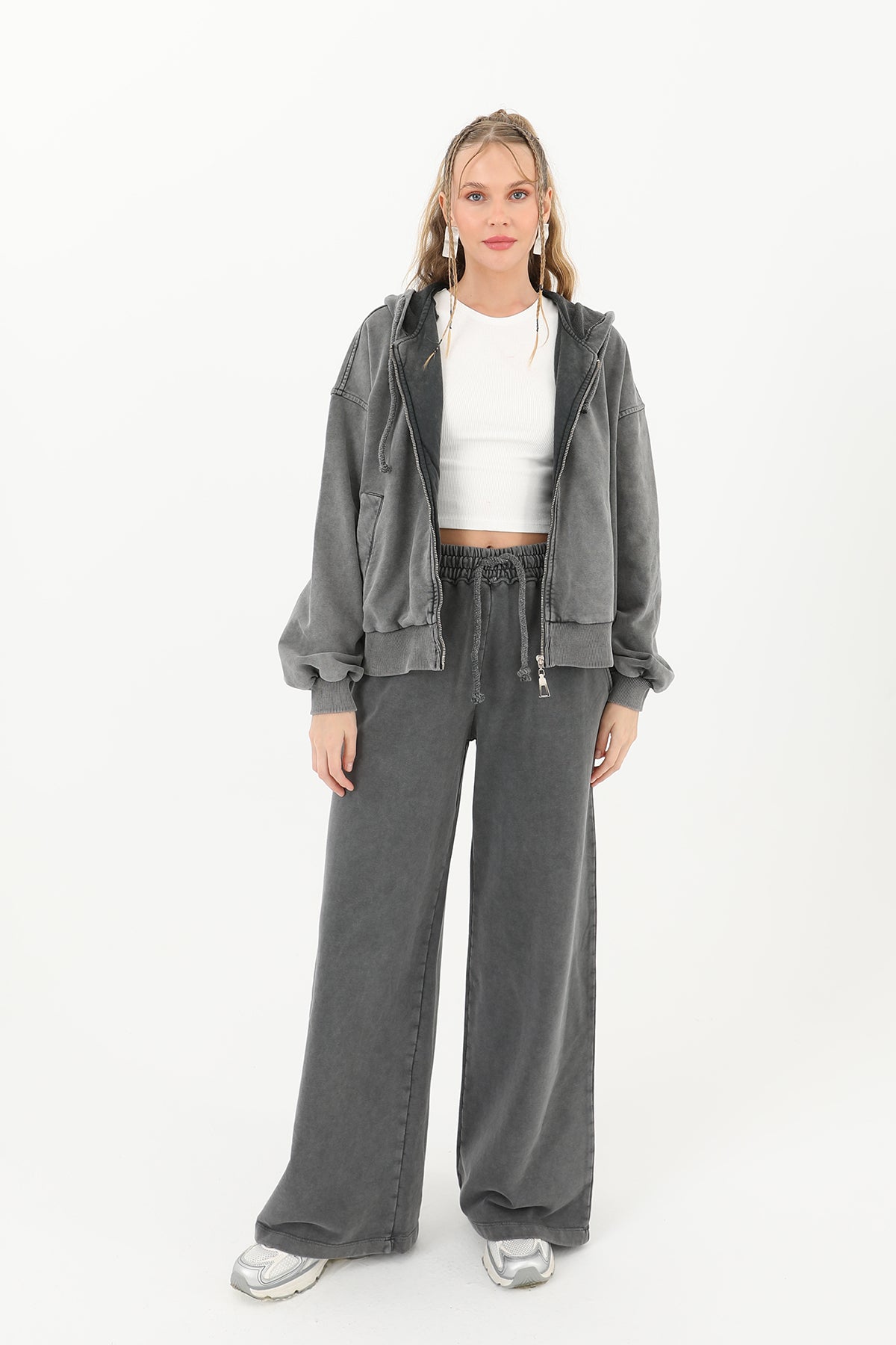 Kadın Fermuarlı Kapüşonlu Eskitme Sweatshirt - 32064SWT ANTRACITE