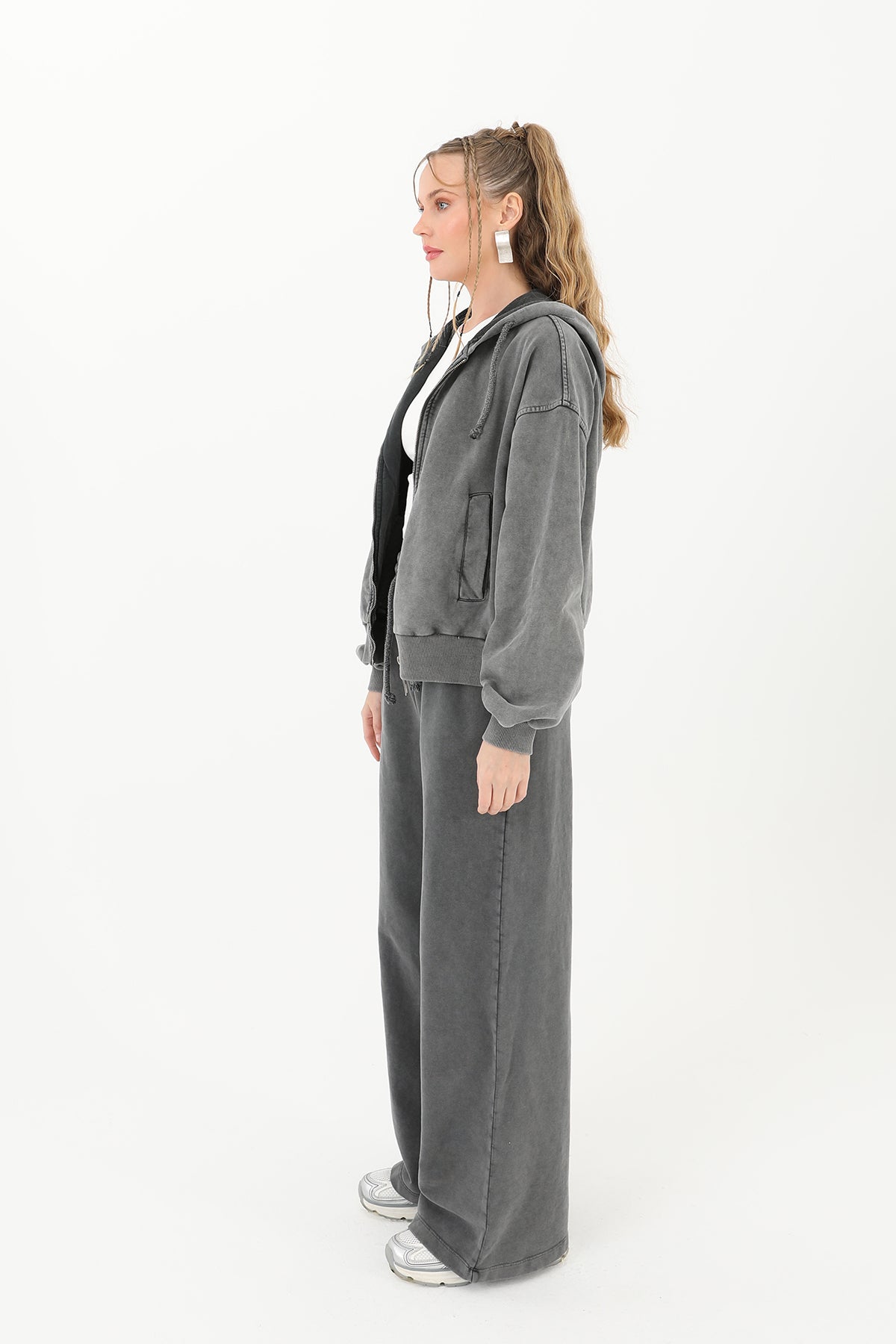Kadın Fermuarlı Kapüşonlu Eskitme Sweatshirt - 32064SWT ANTRACITE