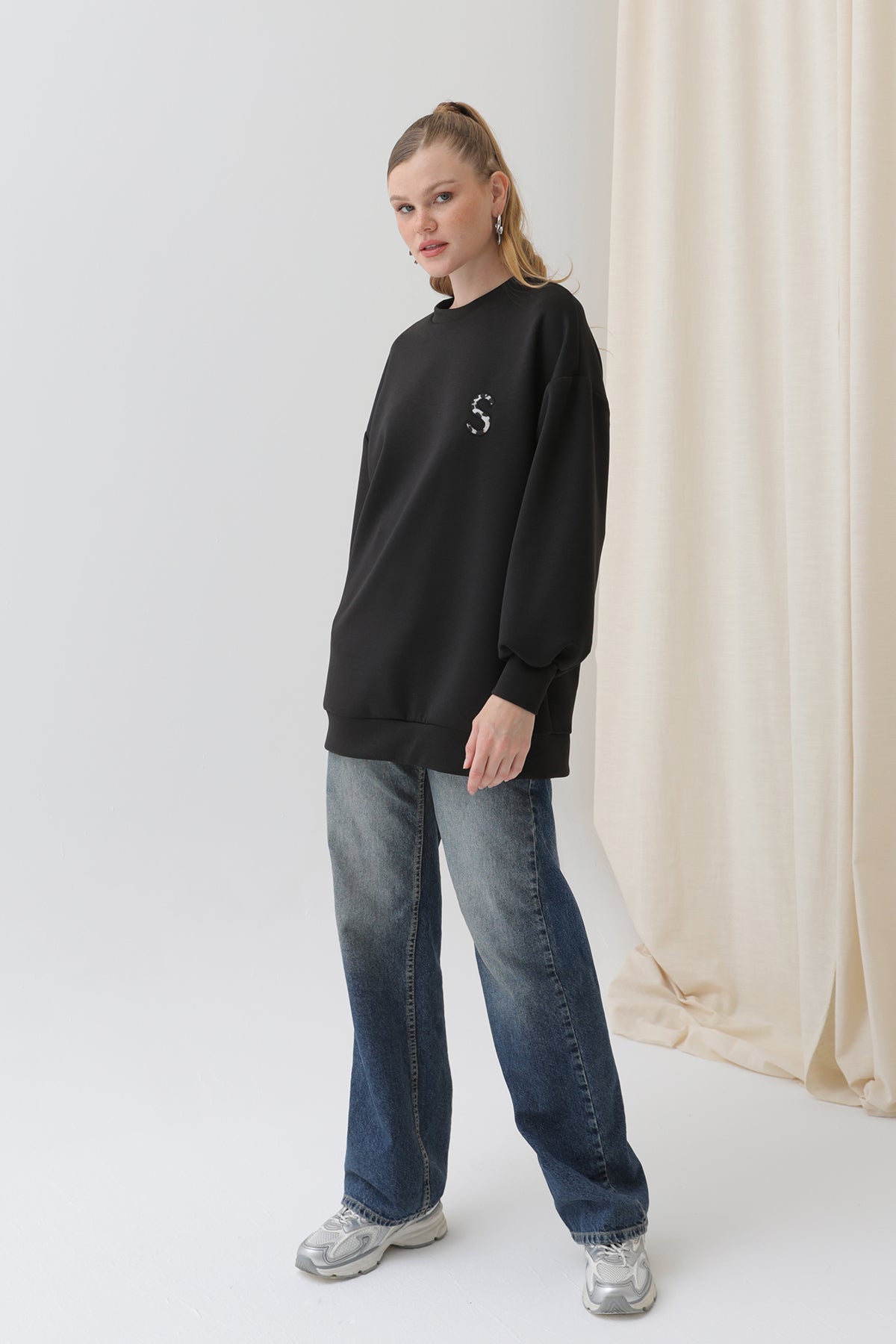 Kadın Arkası Leopar Detaylı Sweatshirt-32112SWT BLACK