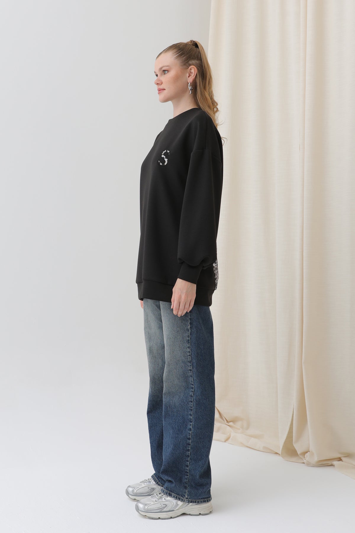 Kadın Arkası Leopar Detaylı Sweatshirt-32112SWT BLACK